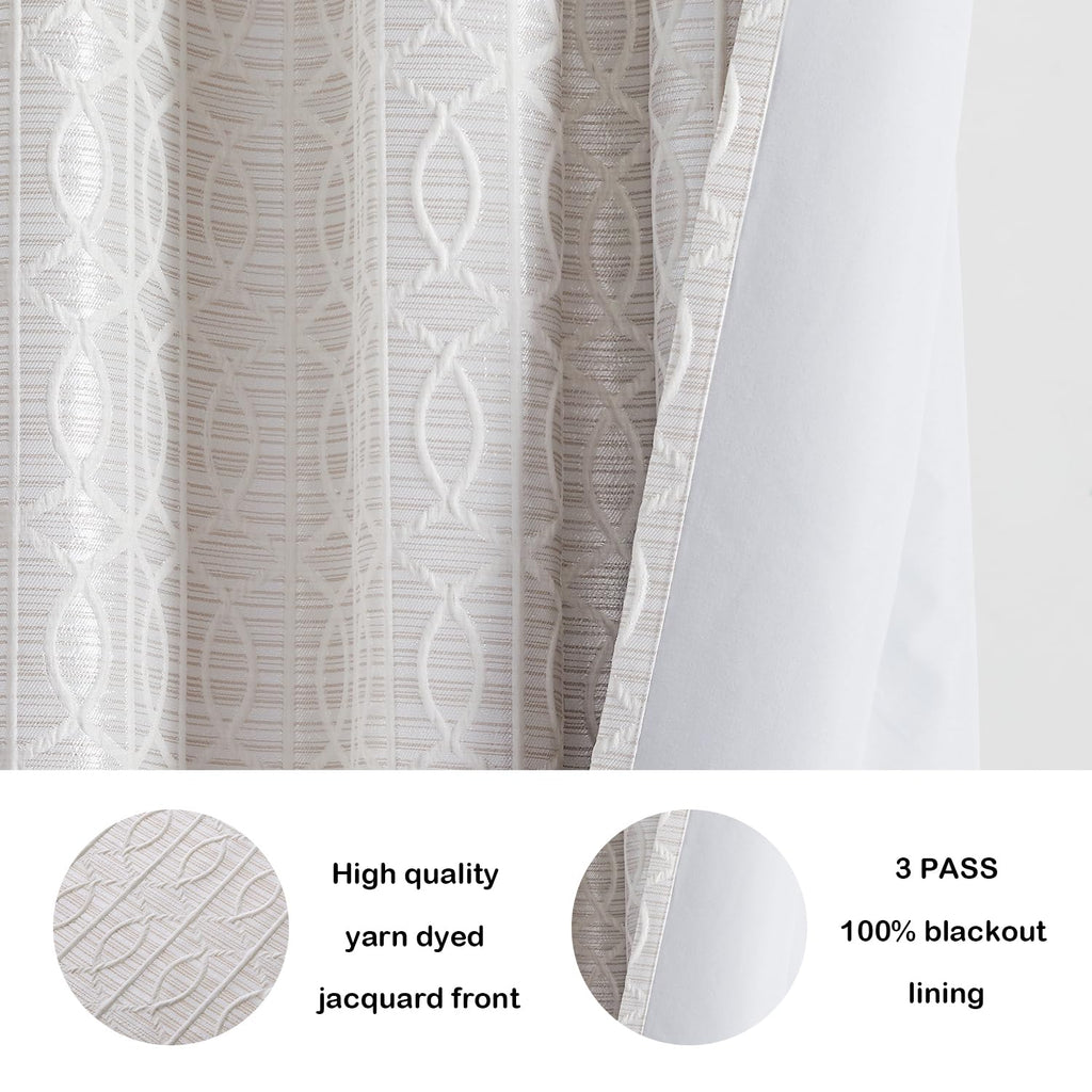 Cream And Silvery 100% Blackout Curtains 108 Inch Length 2 Panels, Jacquard Thermal Insulated Noise Reducing Grommet Drapes For