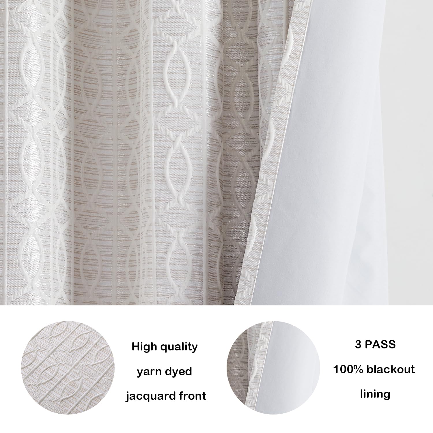 Cream And Silvery 100% Blackout Curtains 84 Inch Length 2 Panels, Jacquard Thermal Insulated Noise Reducing Grommet Drapes For B