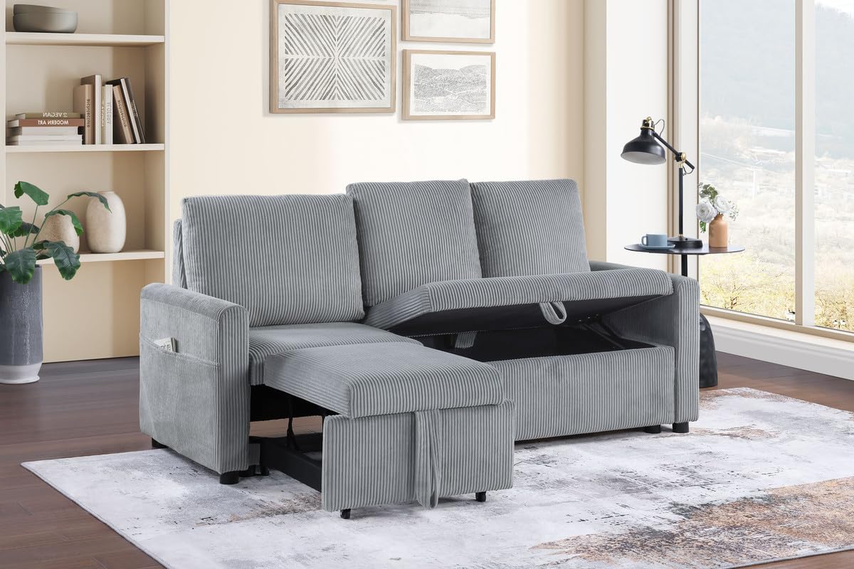 Lilola Home Oswin 70" W Gray Corduroy Sofa with Pull-Out Chaise, Underseat Storage, Side Pocket