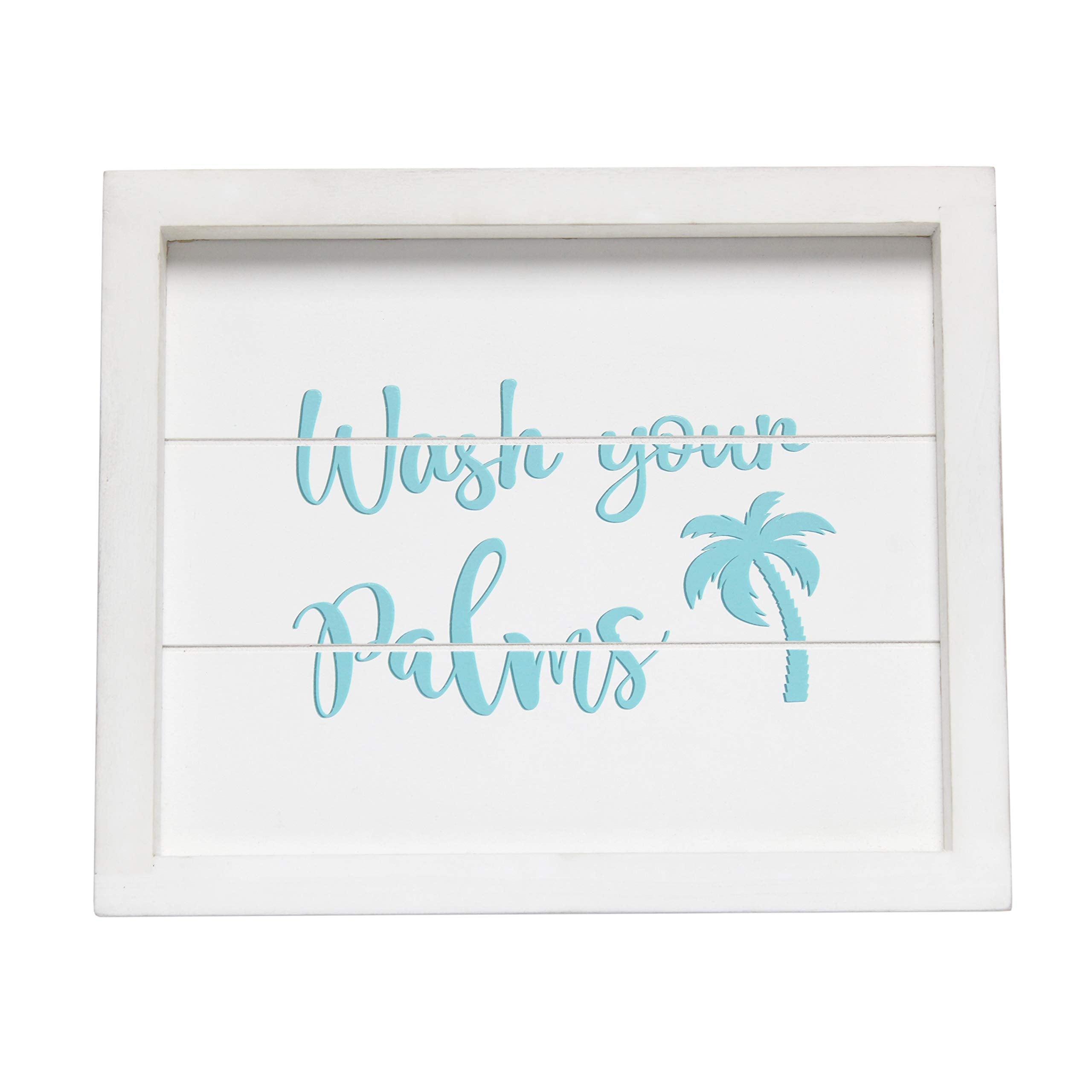 Elegant Designs Hg3100-Wbh Three Piece Decorative Wood Bathroom Set White Wash Aqua Blue Color Palm Tree Towel And Toilet Paper Storage Crate And Holder, Quote Frame, Coastal/Beach/Small