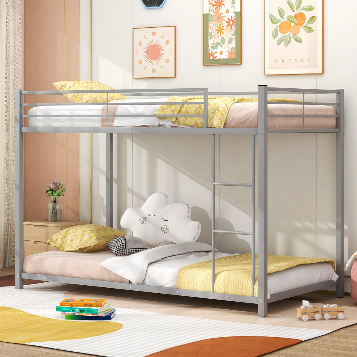 Gorelax Metal Bunk Bed Twin Over Twin Size, Low Loft Bunk Bed With Ladder & Guard Rail, Heavy Duty Metal Bed Frame, No Box Spring Needed, For Bedroom,Dorm,Apartment (Silvery)