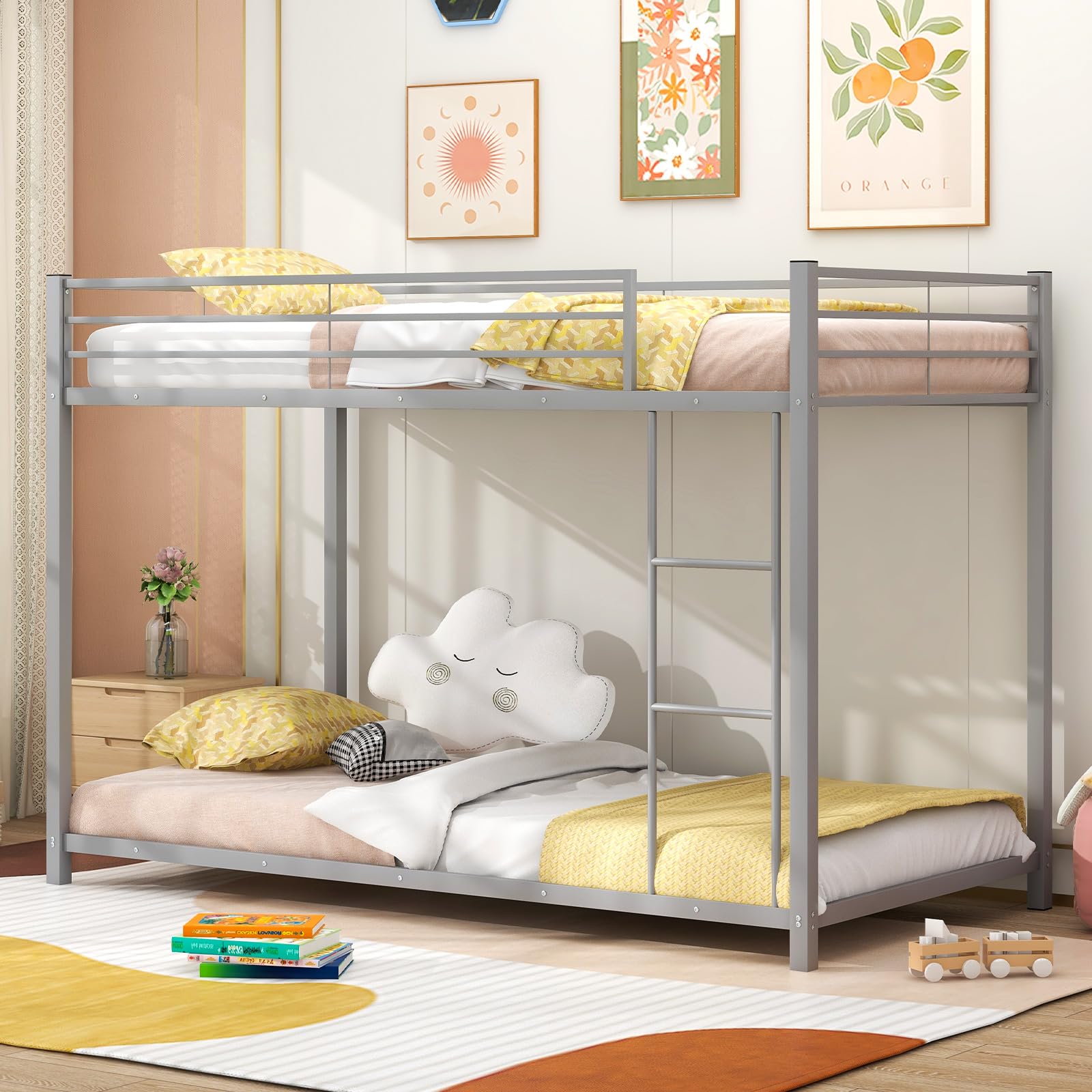 Gorelax Metal Bunk Bed Twin Over Twin Size, Low Loft Bunk Bed With Ladder & Guard Rail, Heavy Duty Metal Bed Frame, No Box Spring Needed, For Bedroom,Dorm,Apartment (Silvery)