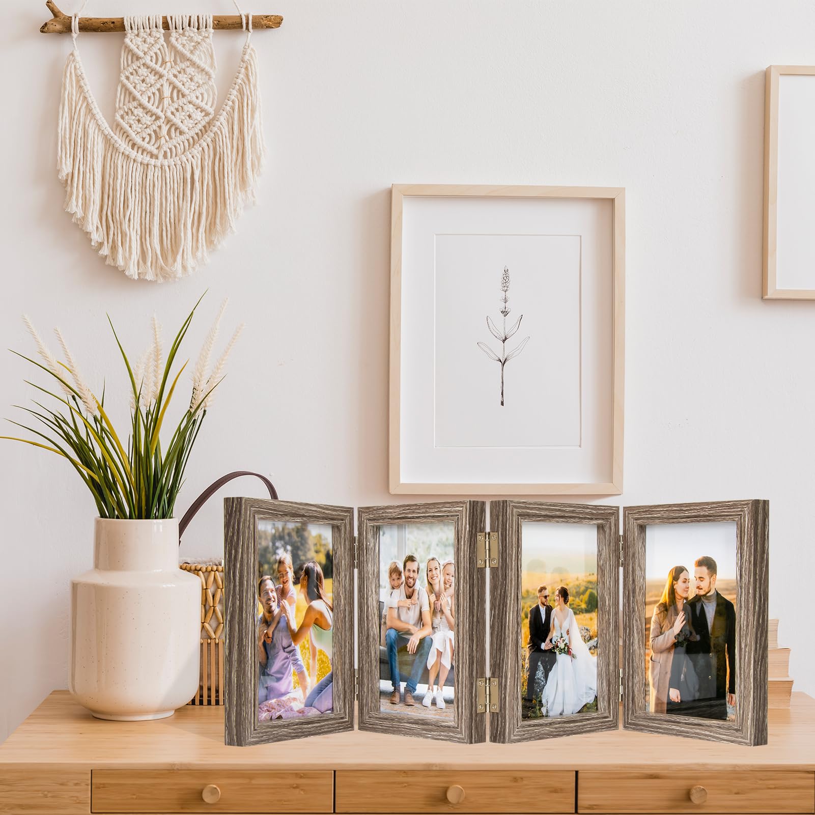 5X7 Four Picture Frame 4 Hinged Photo Frame With 4 Openings, Natural Wood Foldable Photo Frame With High Definition Acrylic For