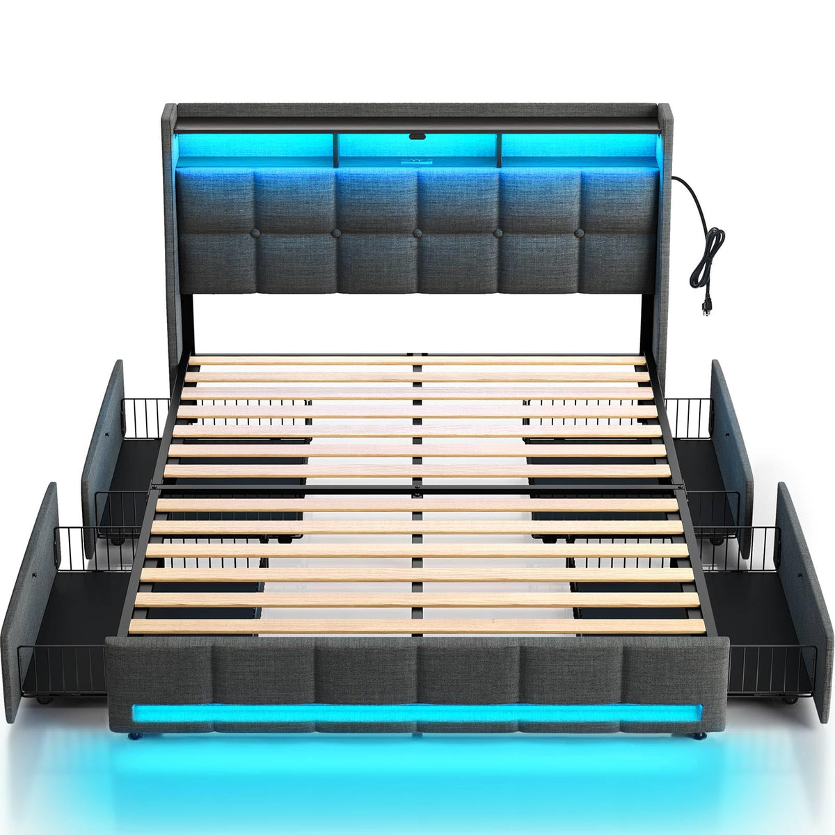 Rolanstar Full Size Bed Frame With Led Lights And Charging Station, Upholstered Bed Storage Headboard & Drawers, Heavy Duty Wood Slats, Easy Assembly