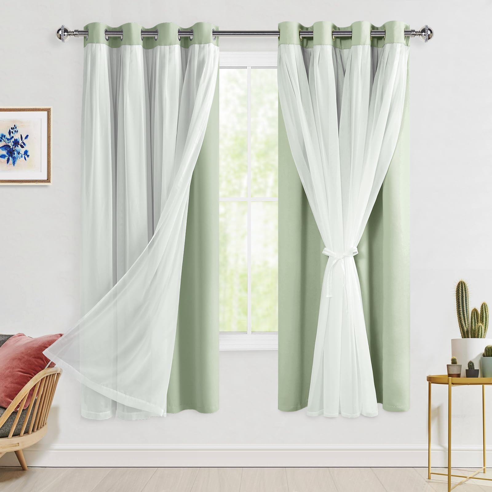 Hiasan Blackout Curtains with Sheer Overlay, Grommet Thermal Insulated Privacy Mix and Match Double Layer Window Curtains for Be