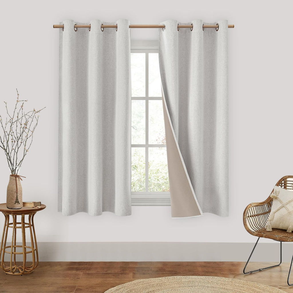 HOMEIDEAS 100% Blackout Curtains 42 X 63 Inches Length 2 Panels Ivory Linen Curtains Cream Room Darkening Curtains Thermal Insul