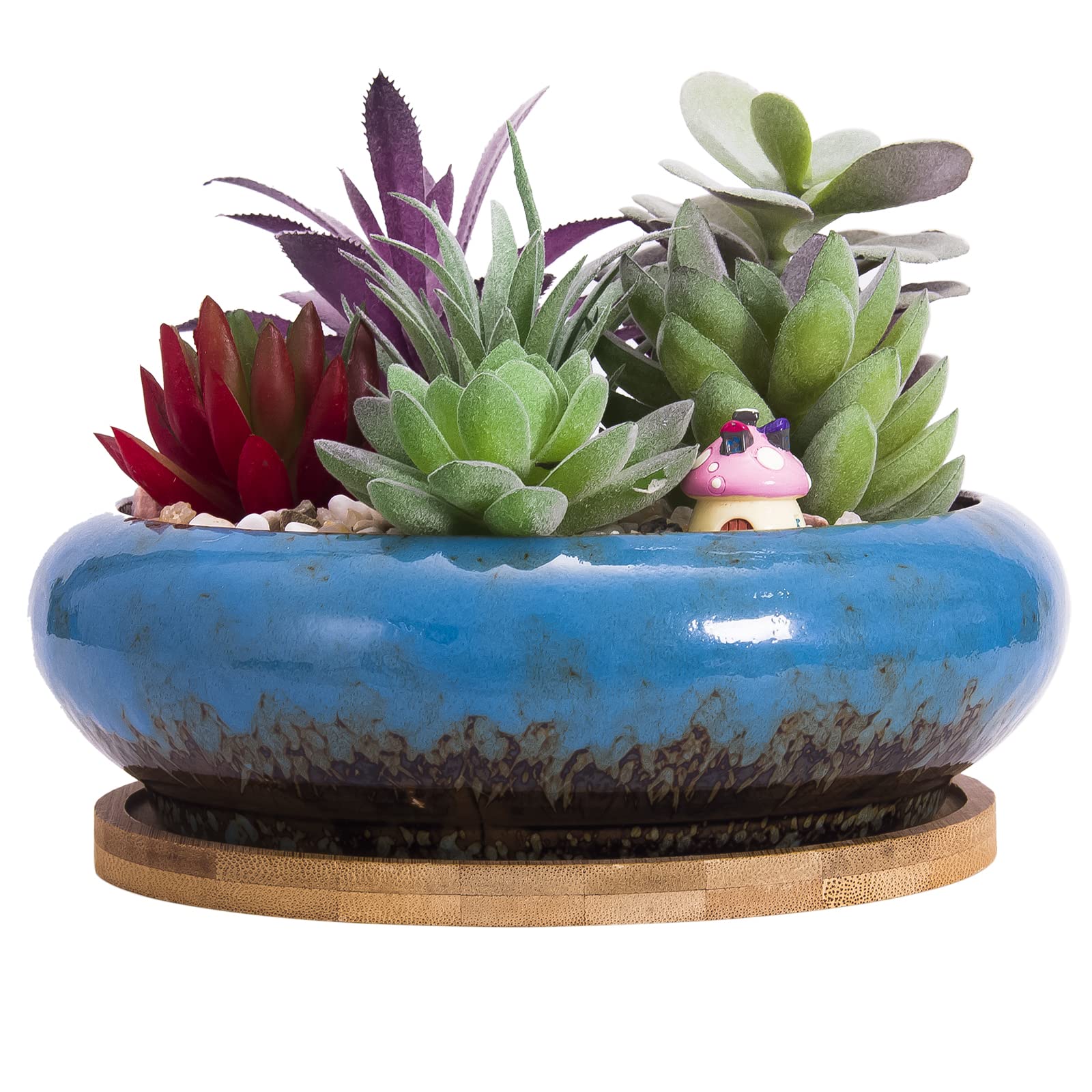 Artketty Succulent Pots, 6.1 Inch Large Succulent Planters Pots With Drainage Ceramic Bonsai Pots With Bamboo Tray Shallow Cactu