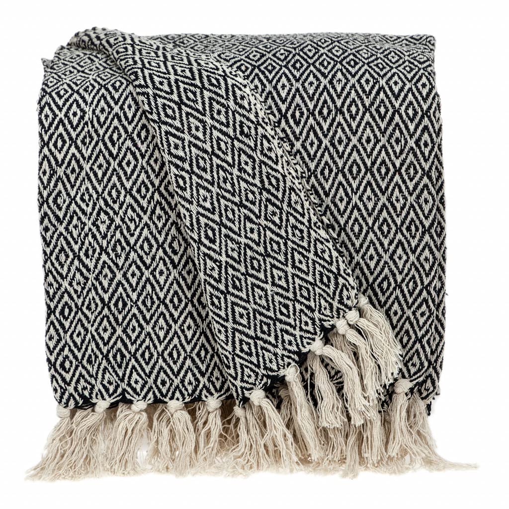 HomeRoots Cotton Boho Black and Beige Woven Diamond Pattern Throw with Tassels
