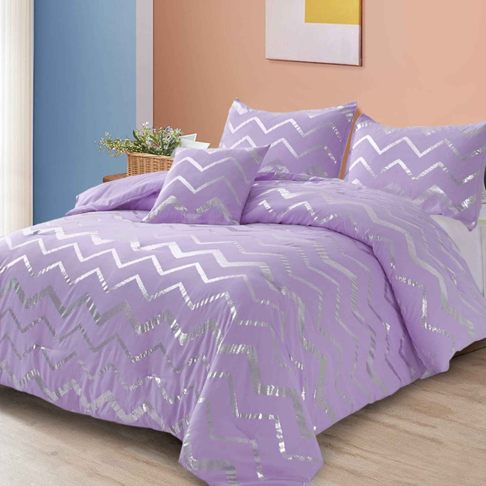 Menghomeus Purple/Silver Comforter Set Twin Lavender Metallic Print Glitter Bedding Set Cute Shinny Lilac Bed Sets for Teen Girl