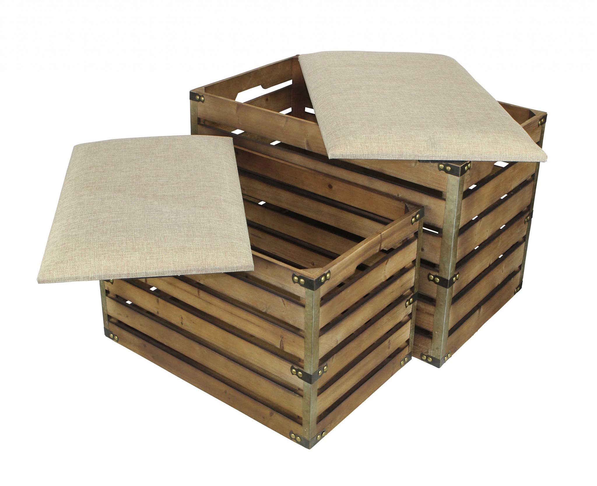 HomeRoots Gray Set of 2 Rectangular Brown Linen Fabric and Wood Slats Storage Benches