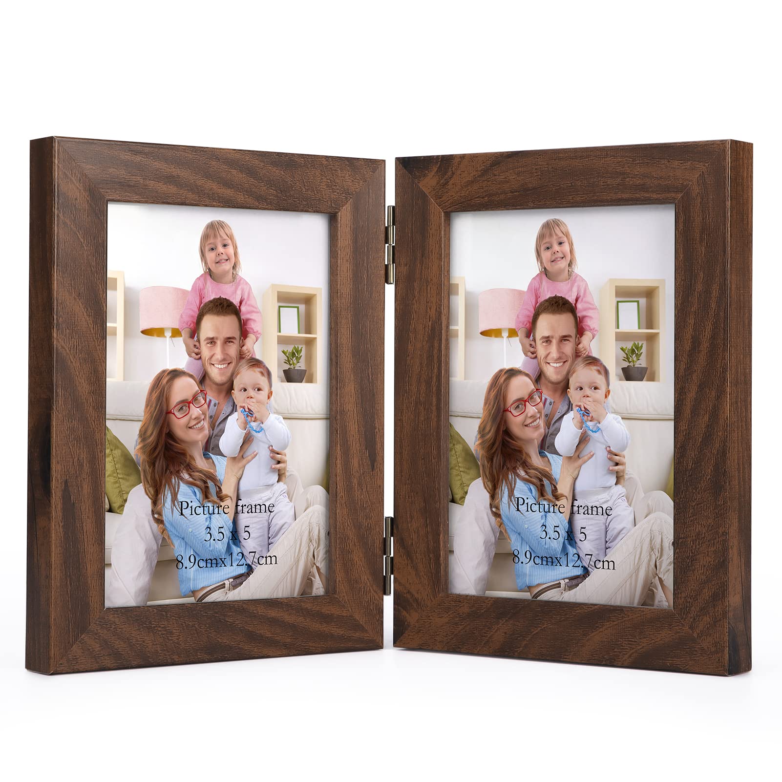 Giftgarden 3.5x5 Double Picture Frame Brown with Clear Glass Display 5x3.5 Photo, Rustic Hinged Folding Frame for Tabletop Stand