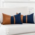 Vfuty Set Of 2 Navy And Brown Decorative Throw Pillow Covers 12X20 Inch Faux Leather And Cotton Patchwork Pillow Cover,Modern Fa