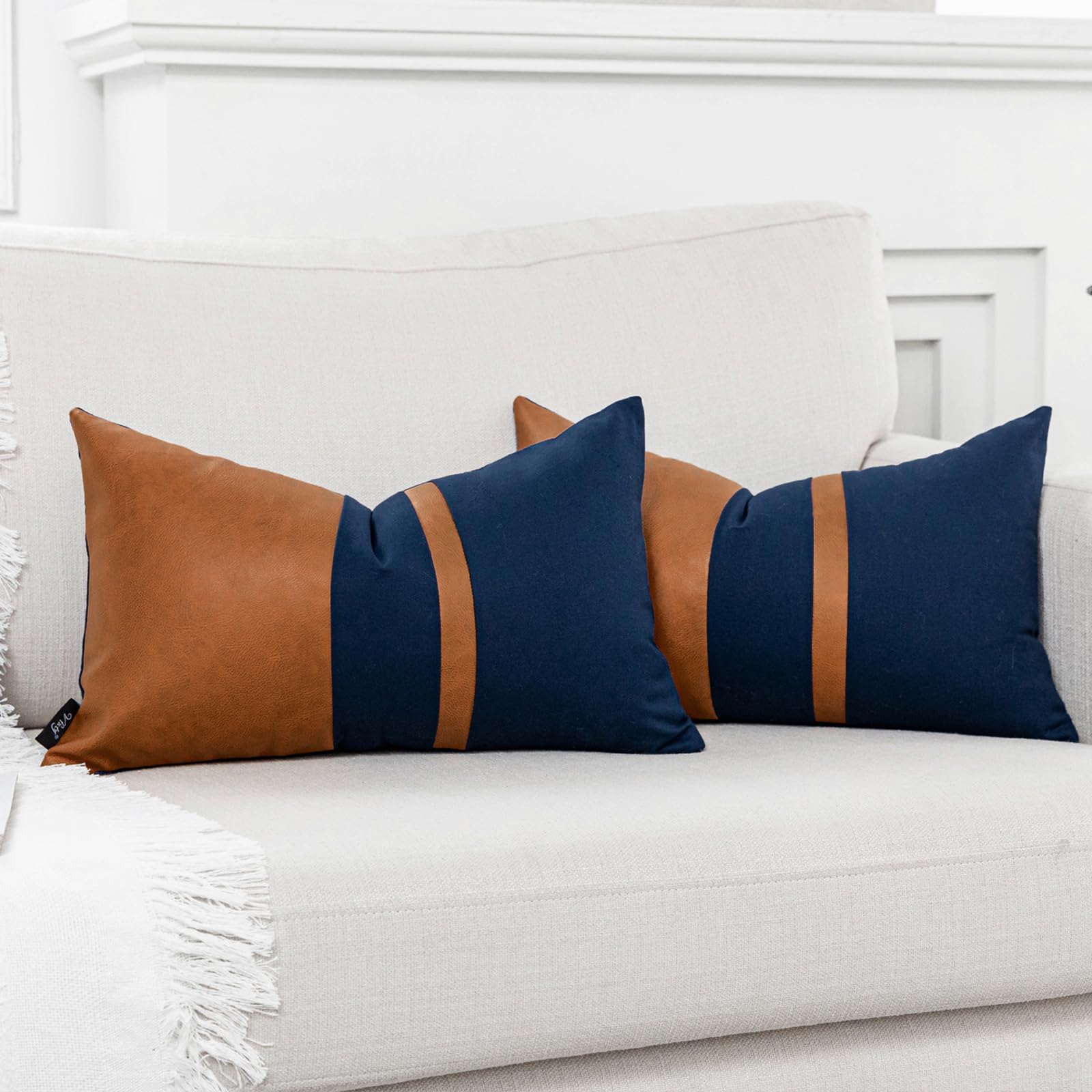 Vfuty Set Of 2 Navy And Brown Decorative Throw Pillow Covers 12X20 Inch Faux Leather And Cotton Patchwork Pillow Cover,Modern Fa