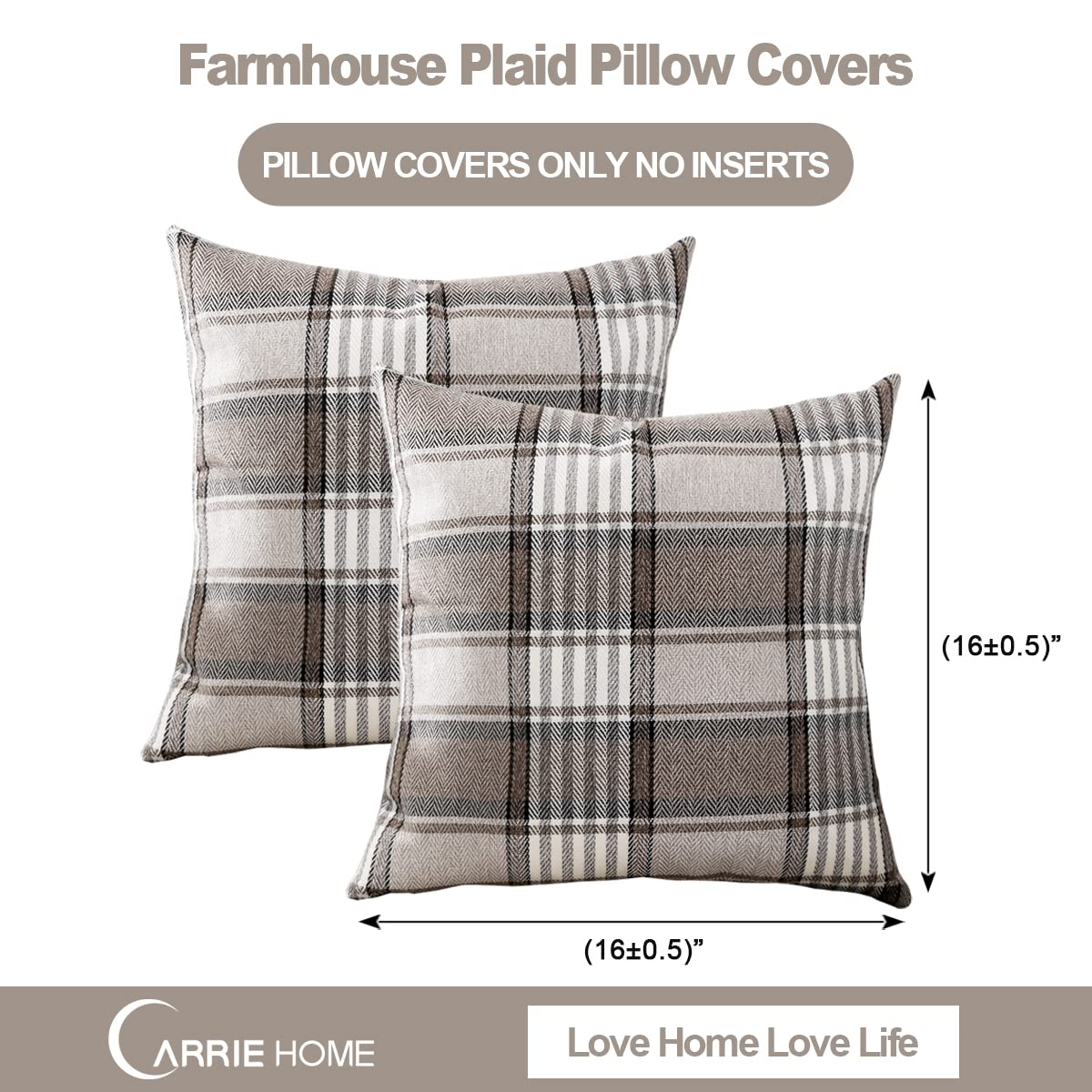 Carrie Home Brown Farmhouse Throw Pillow Covers 16X16 Set Of 2 Plaid Decorative Throw Pillows 16 X 16 For Spring Fall And Winter