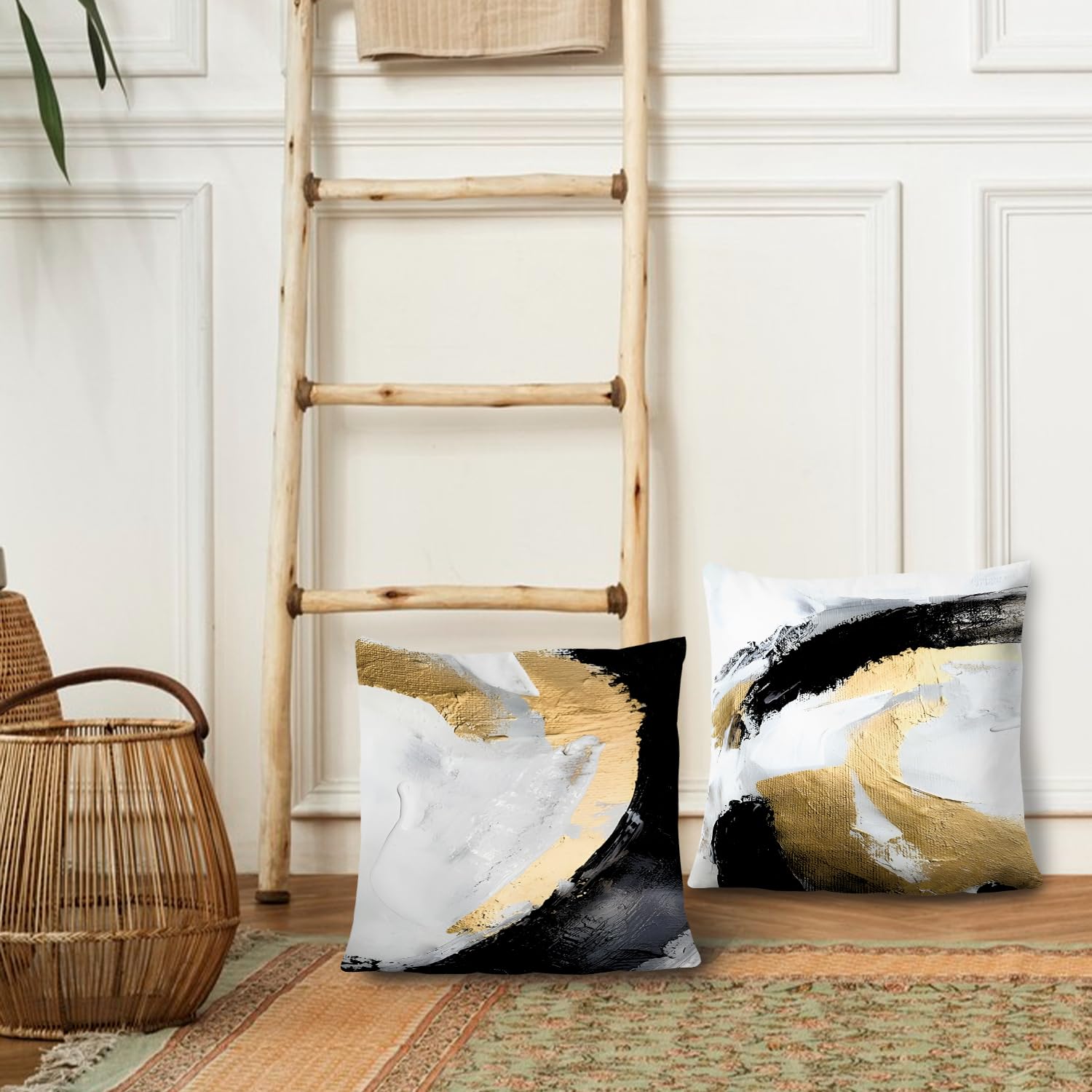 Supwhd Abstract Black White And Gold Pillow Covers 22X22 Set Of 2 - Modern Pillow Covers, Modern Home Decor, Black And Gold Deco