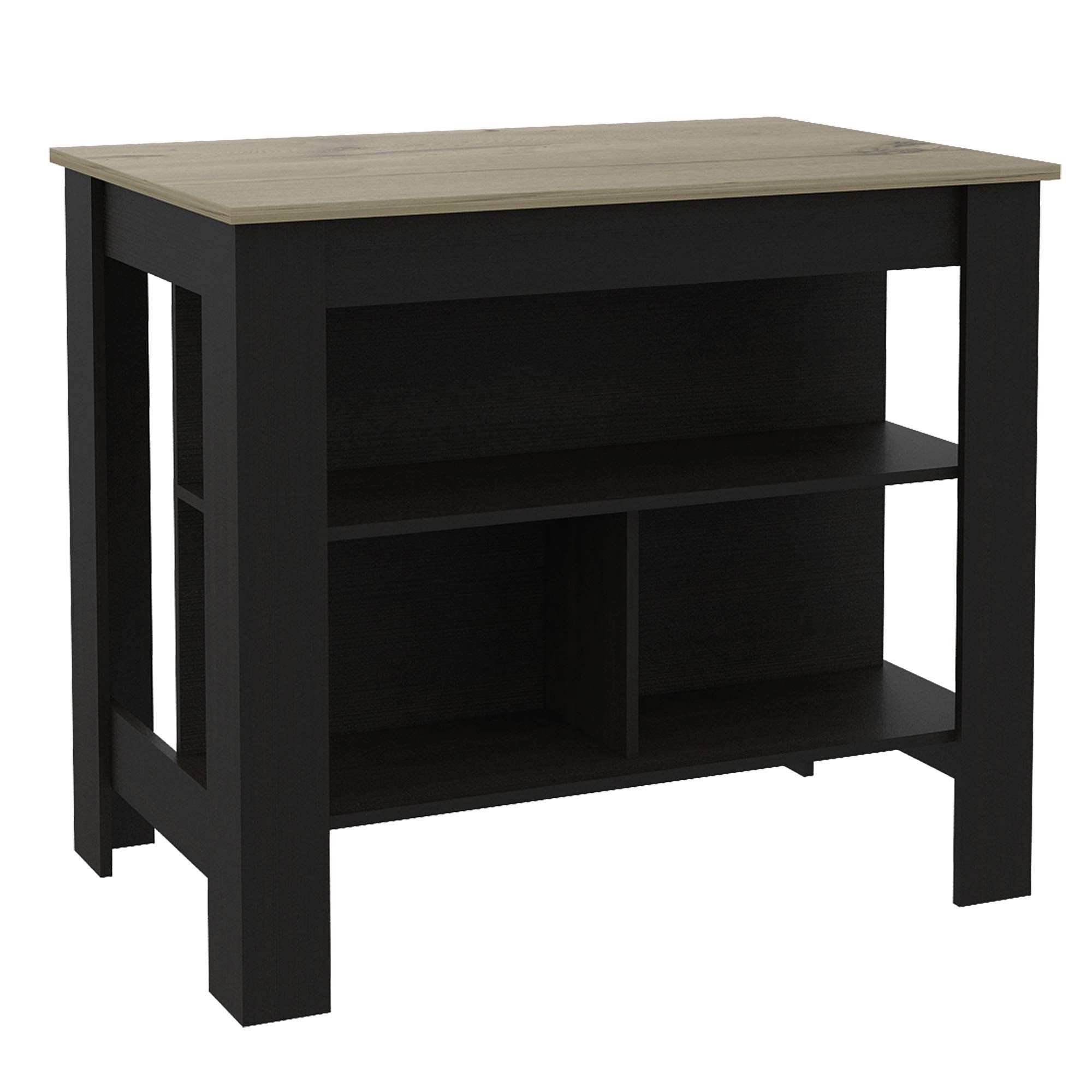 DEPOT E-SHOP Delos Kitchen Island 35.4H X 40,5W X 27,5D with Open Shelves, Large Tabletop, Black/Light Oak - Kitchen