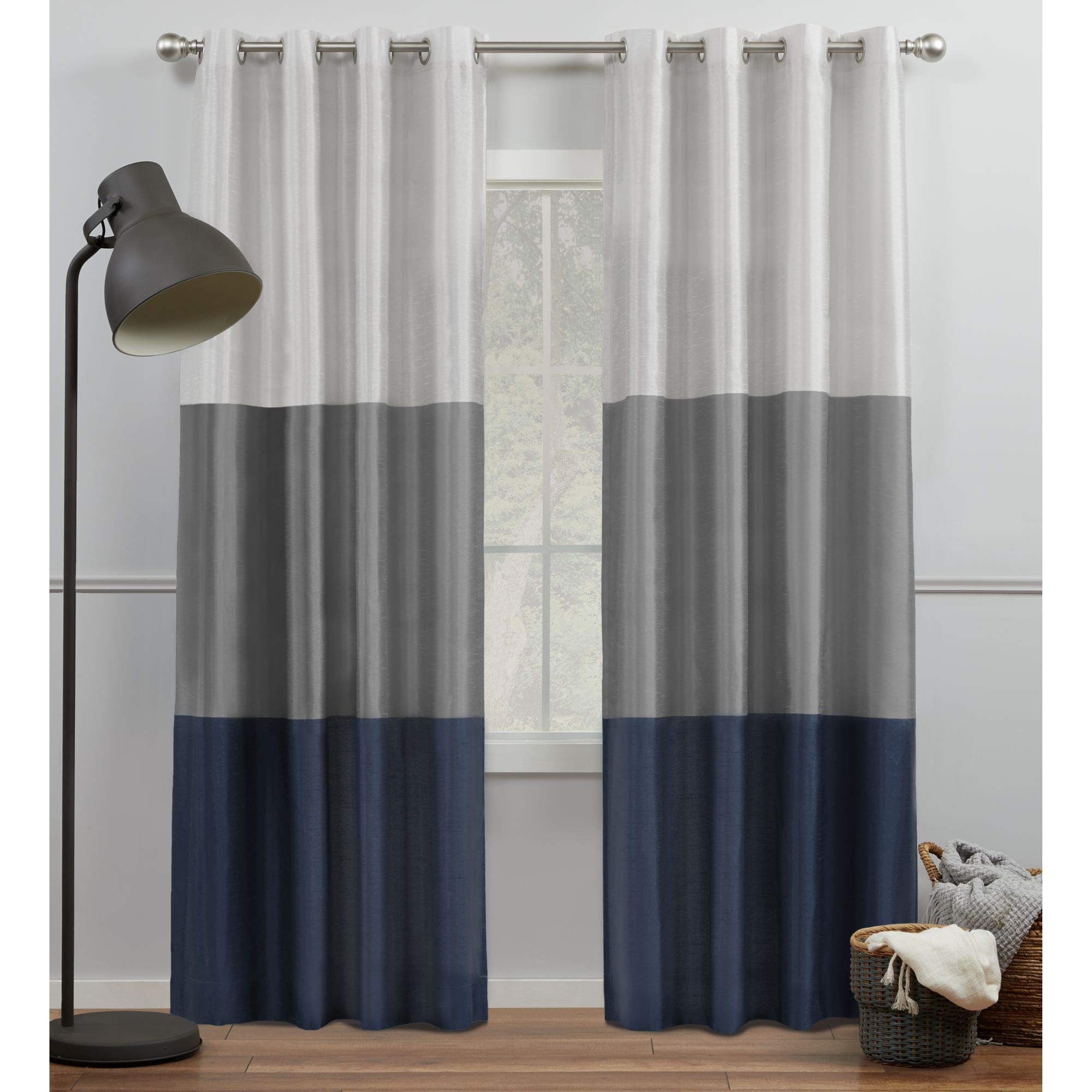 Exclusive Home Chateau Striped Faux Silk Grommet Top Curtain Panel Pair, 54'X96', Navy/Grey