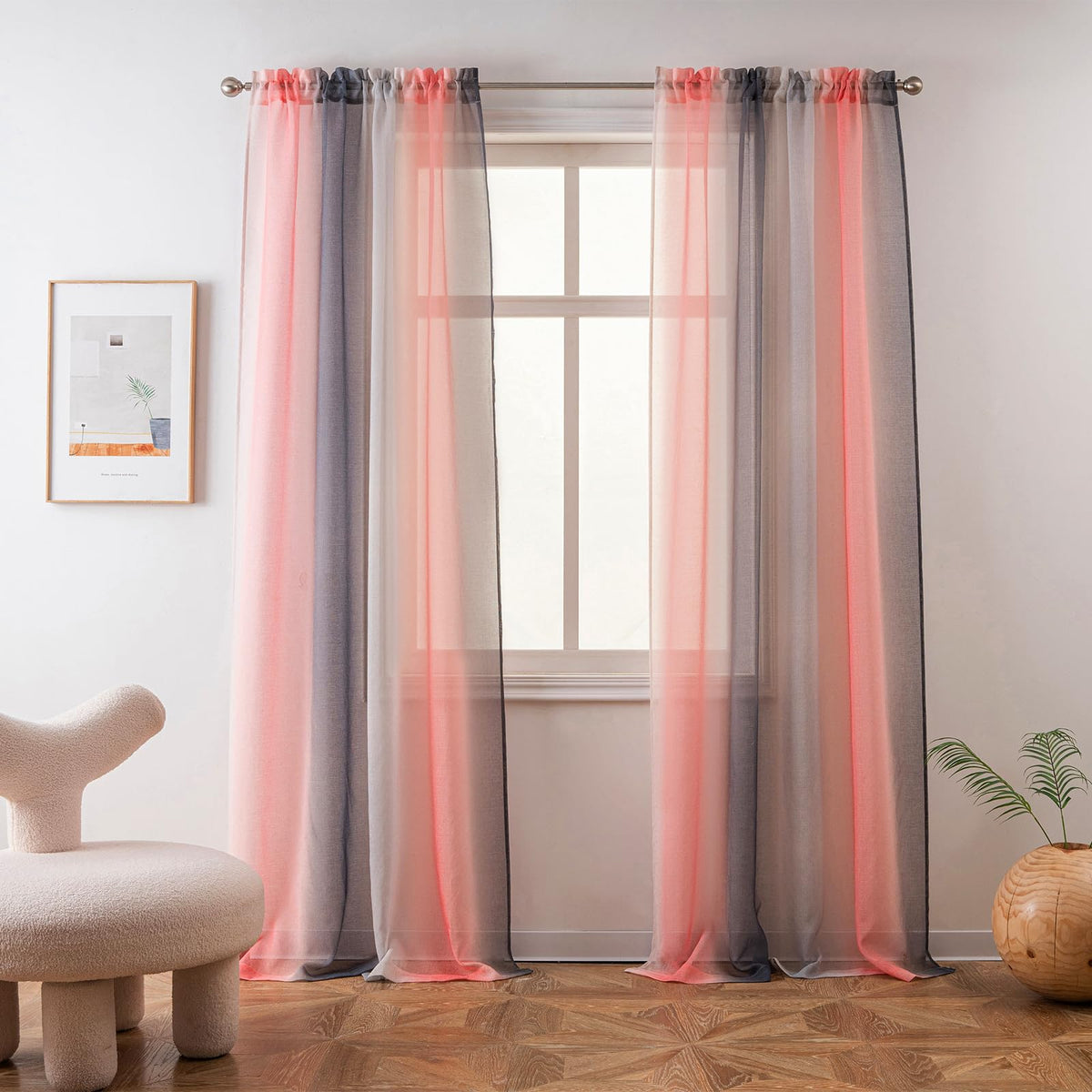 Yancorp Sheer Curtain 2 Panels Semi Bedroom Curtains 63 inches Length Linen Pink Grey Ombre Curtains Rod Pocket Drapes Girls Liv
