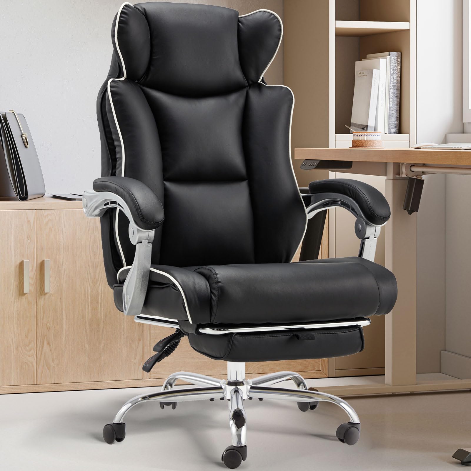 Zzwhom Office Desk Chair With Foot Rest High Back Executive Office Chair For Heavy People Pu Leather Computer Chair With Adjusta
