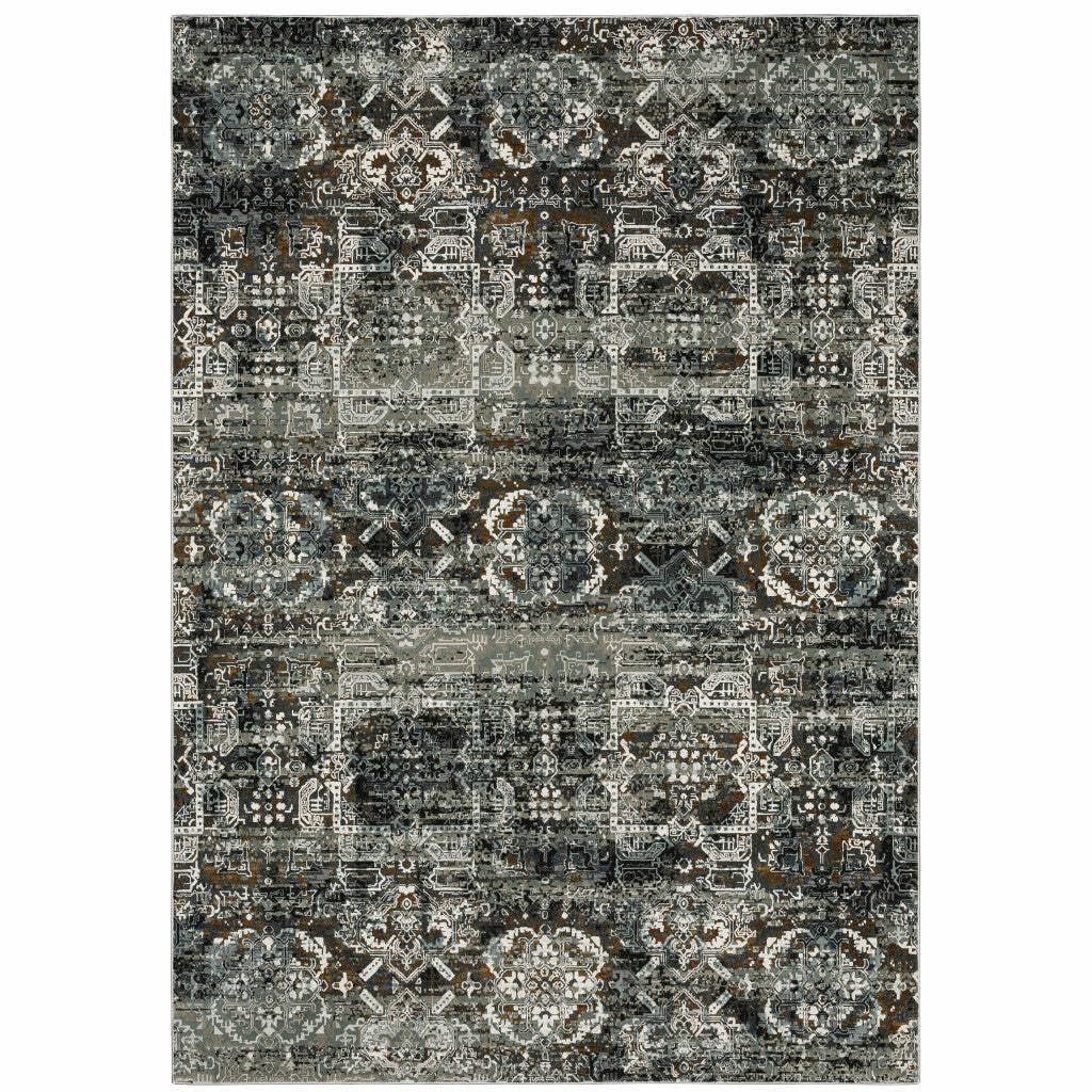 HomeRoots 508909 10 x 13 ft. Ivory Charcoal Gray Blue Rust Gold & Brown Oriental Power Loom Stain Resistant Rectangle Area Rug