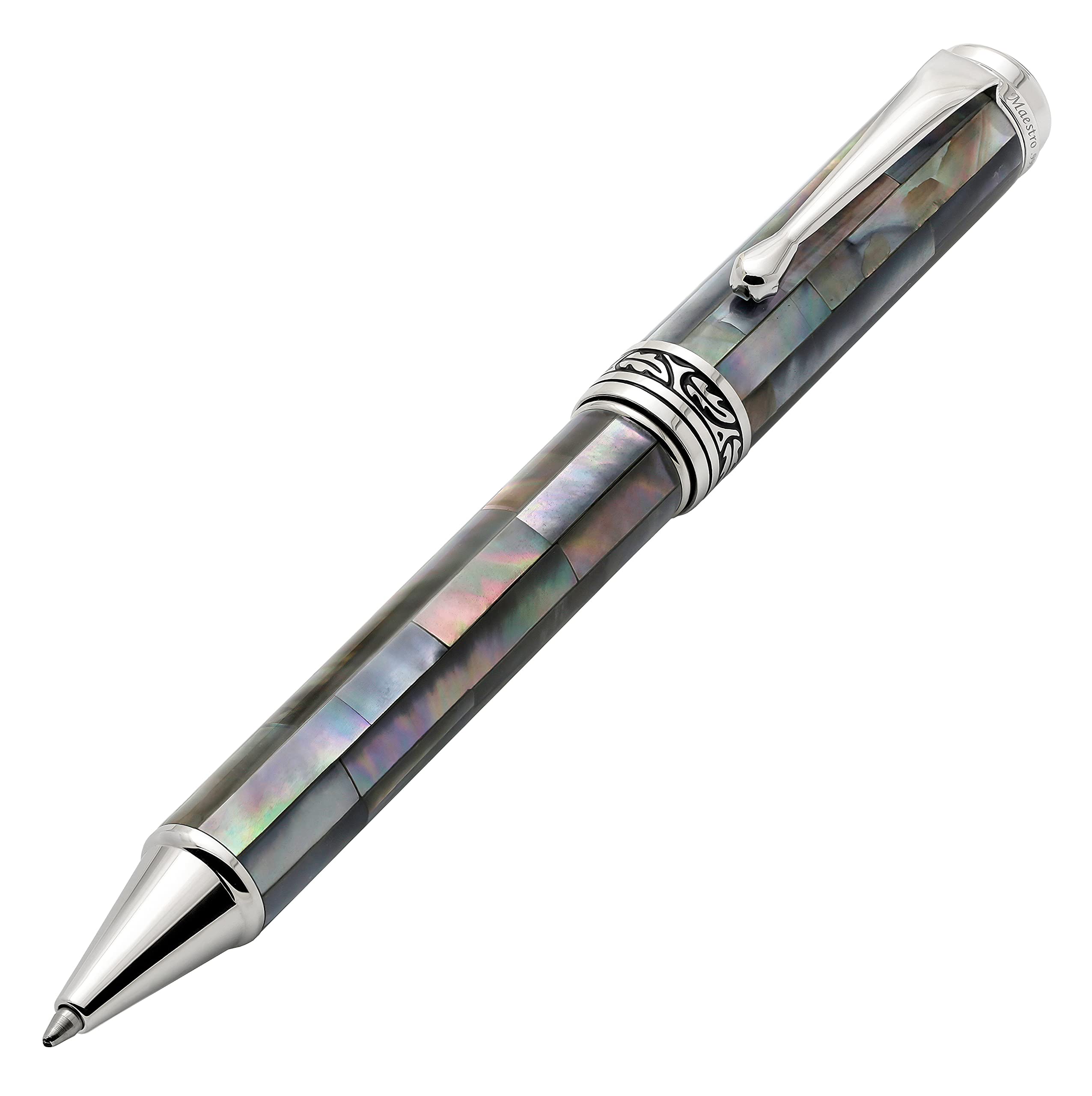 Xezo Maestro Twist Action Ballpoint Pen, Medium Point. Black Mother Of Pearl With Platinum Plating. Handcrafted, Limited Edition