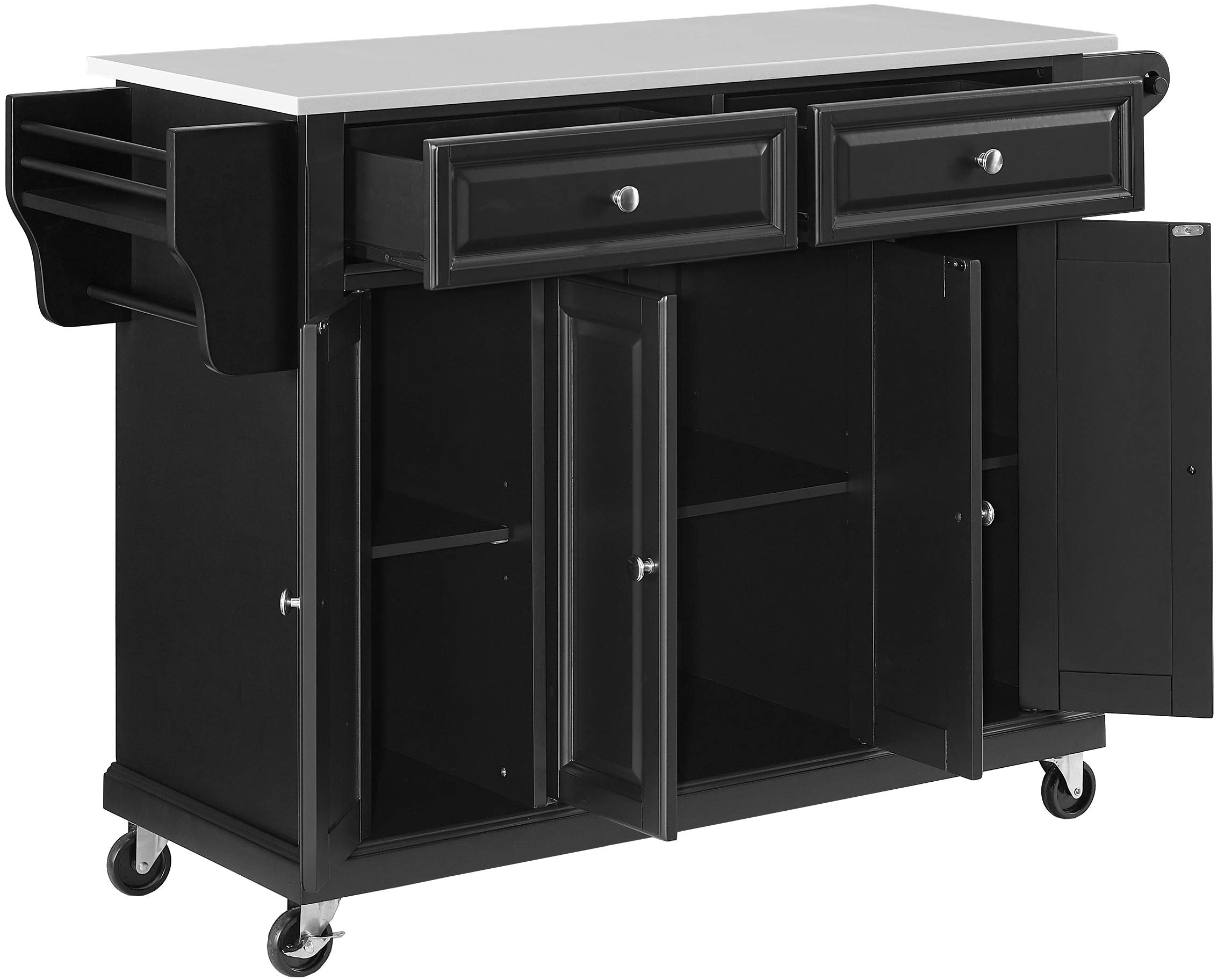 Crosley Furniture Full Size Stone Top Rolling Kitchen Island Storage Cart, Microwave Stand, Spice Rack, Black