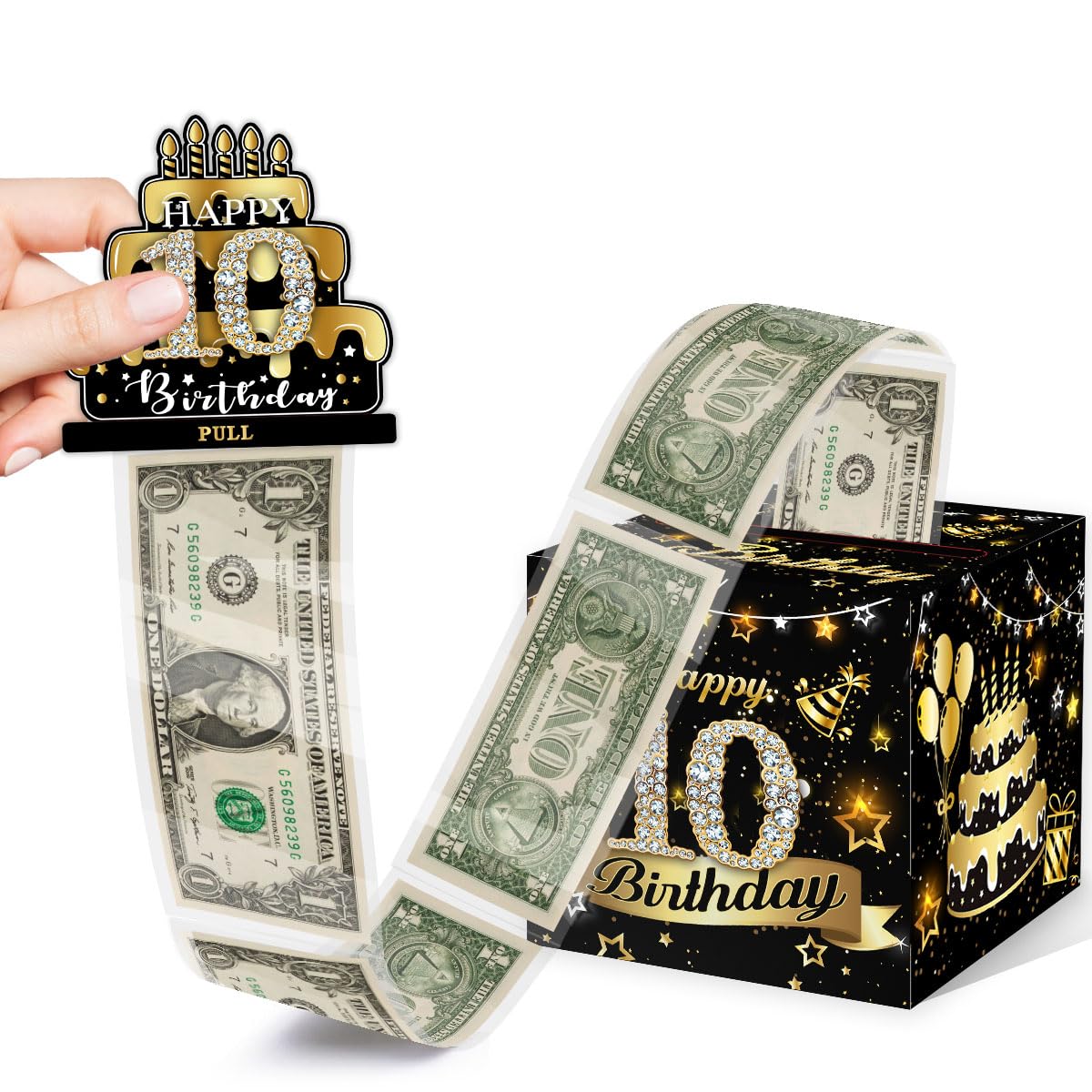 Toerifer Birthday Money Box For Cash Gift, Black Gold Surprise Box Explosion Gift For Boys Girls Kids Pull, 10Th Birthday Money