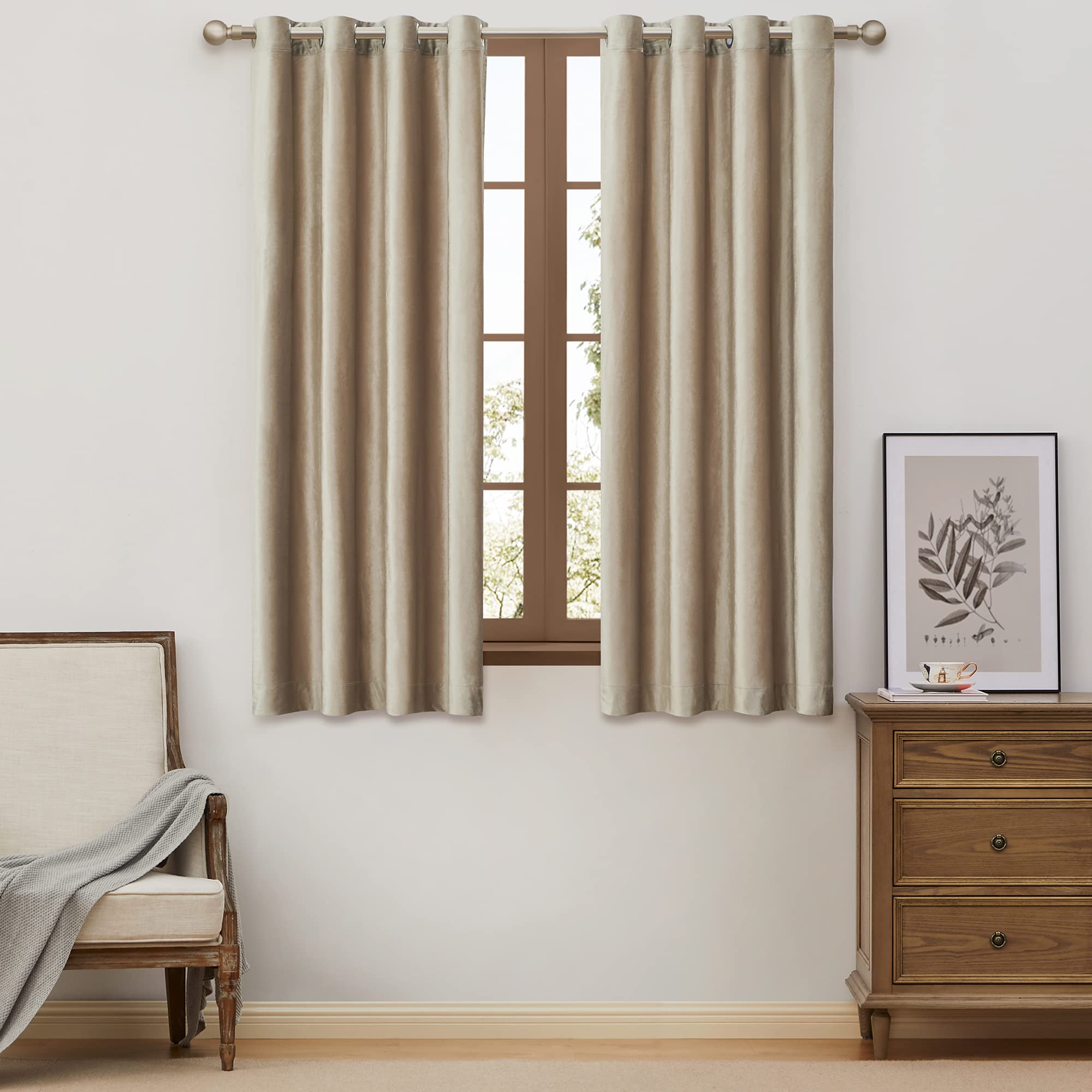 Bulbul Champagne Curtains 63 Inch Length- 2 Panels Velvet Living Room Beige Blackout Window Drapes Curtains Thermal Insulated Ro