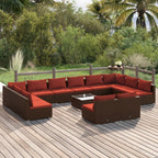 vidaXL 13-Piece Outdoor Lounge Set - Durable Powder-Coated Steel & PE Rattan with Thick Cushions/Pillows – 10 Middle Sofas, 2 Corner Sofas, Coffee Table - Brown/Cinnamon Red