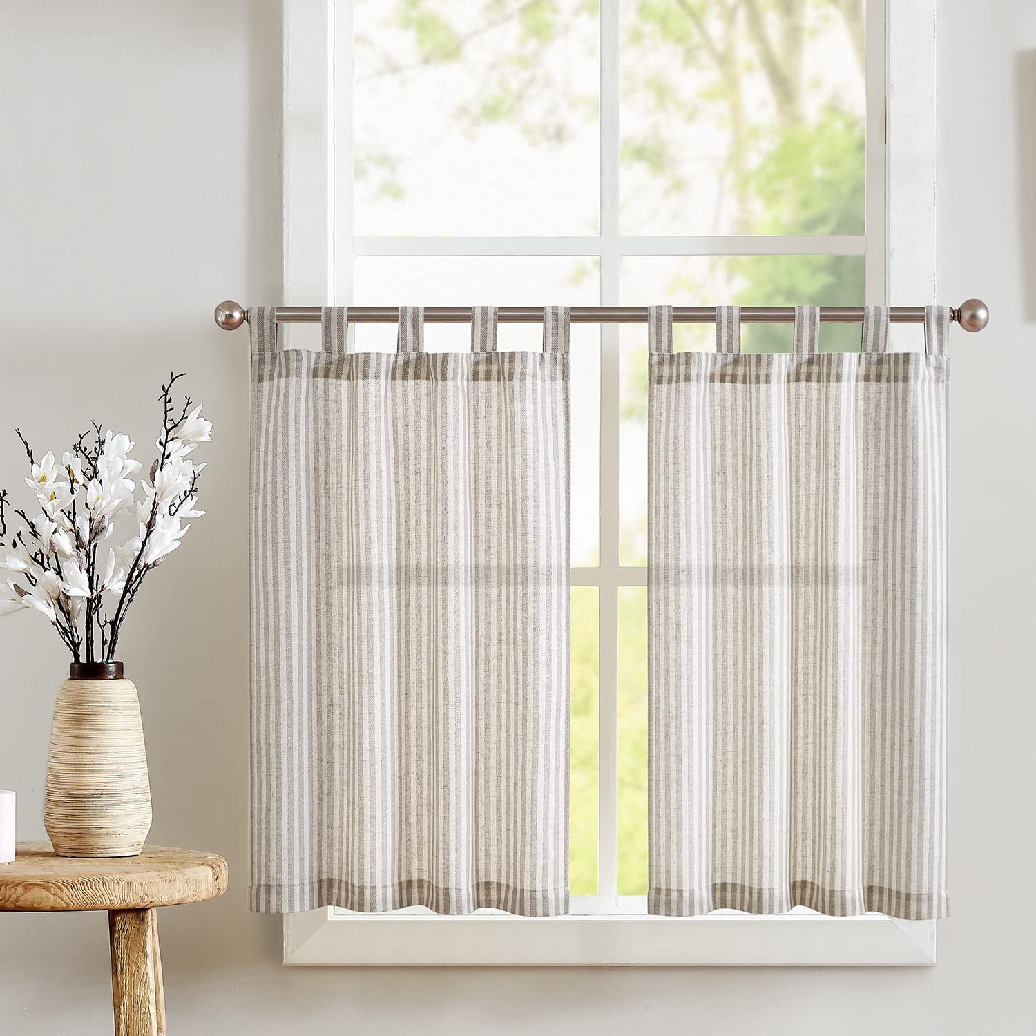 Jinchan Kitchen Curtains Linen Striped Tier Curtains 24 Inch Length Ticking Stripe Cafe Curtains Pinstripe Farmhouse Small Window Curtains Tab Top For Living Room Bathroom Rv 2 Panels Grey On Beige