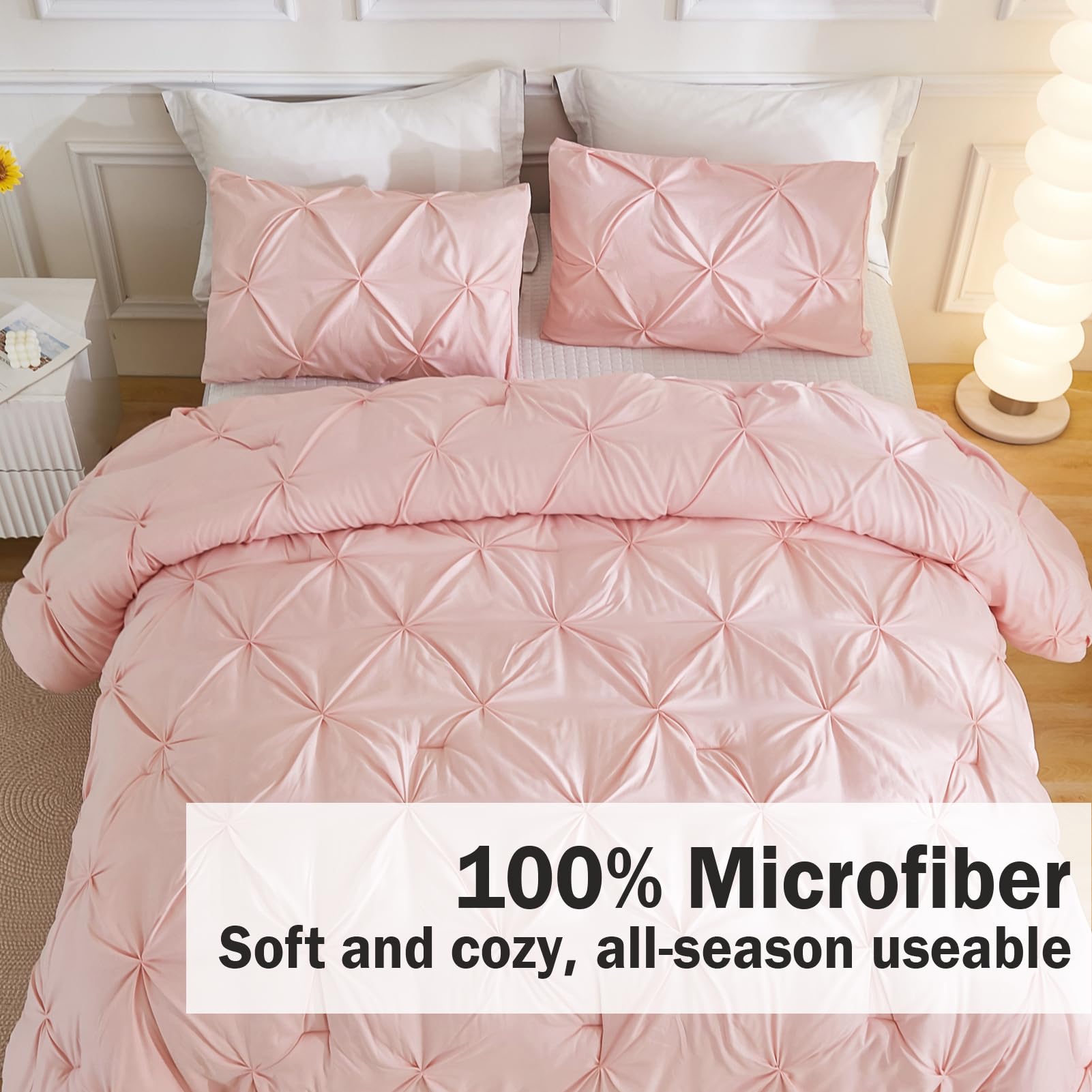 Andency Pink Comforter Set Queen(90X90Inch), 3 Pieces Soft Lightweight Cute Pinch Pleat Comforter Set For Queen Bed, All Season Western Warm Bed Set For Girls Women