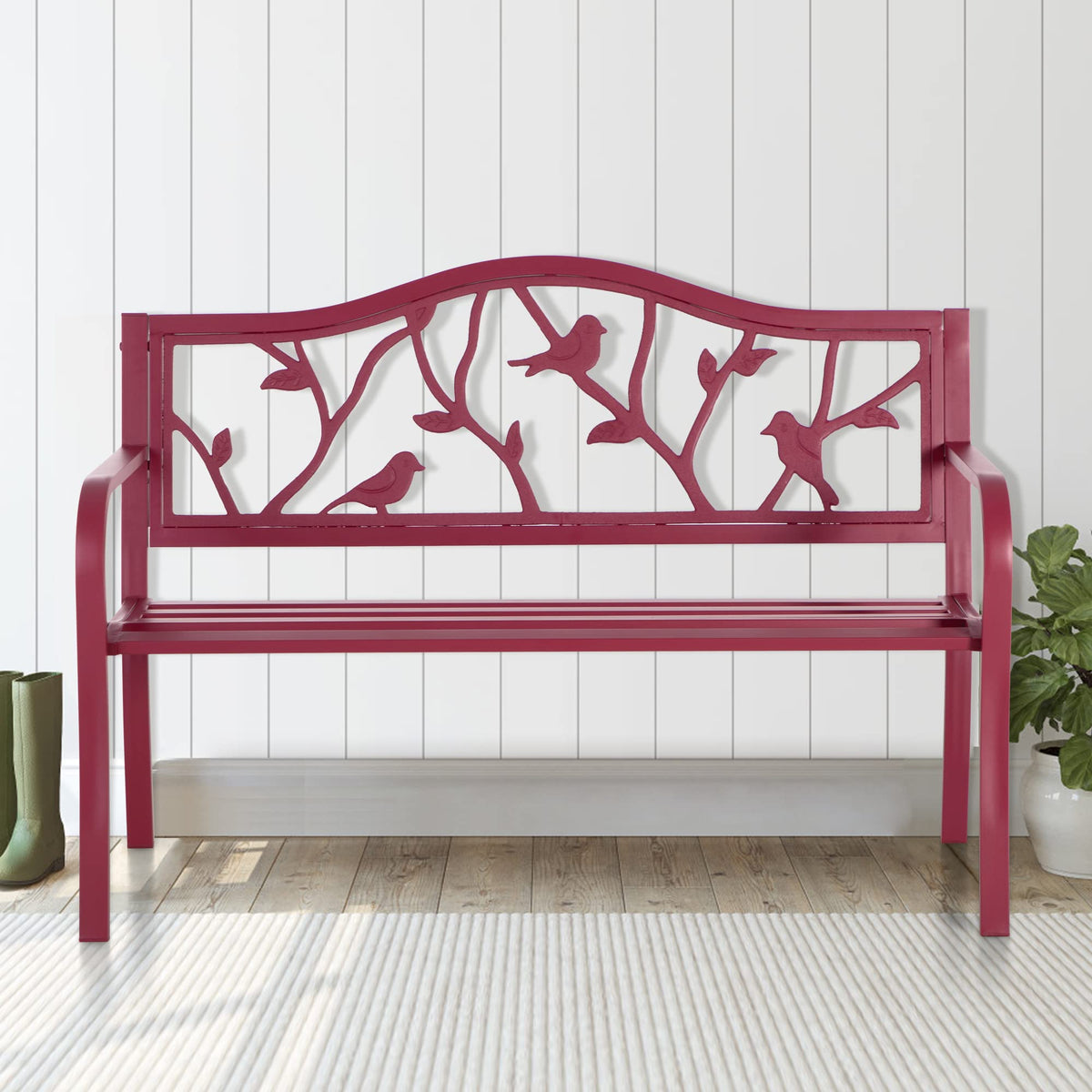 Mfstudio 50' Outdoor Garden Bench,Steel Metal Frame Patio Park Bench With Bird Pattern Backrest For Porch,Backyard,Lawn