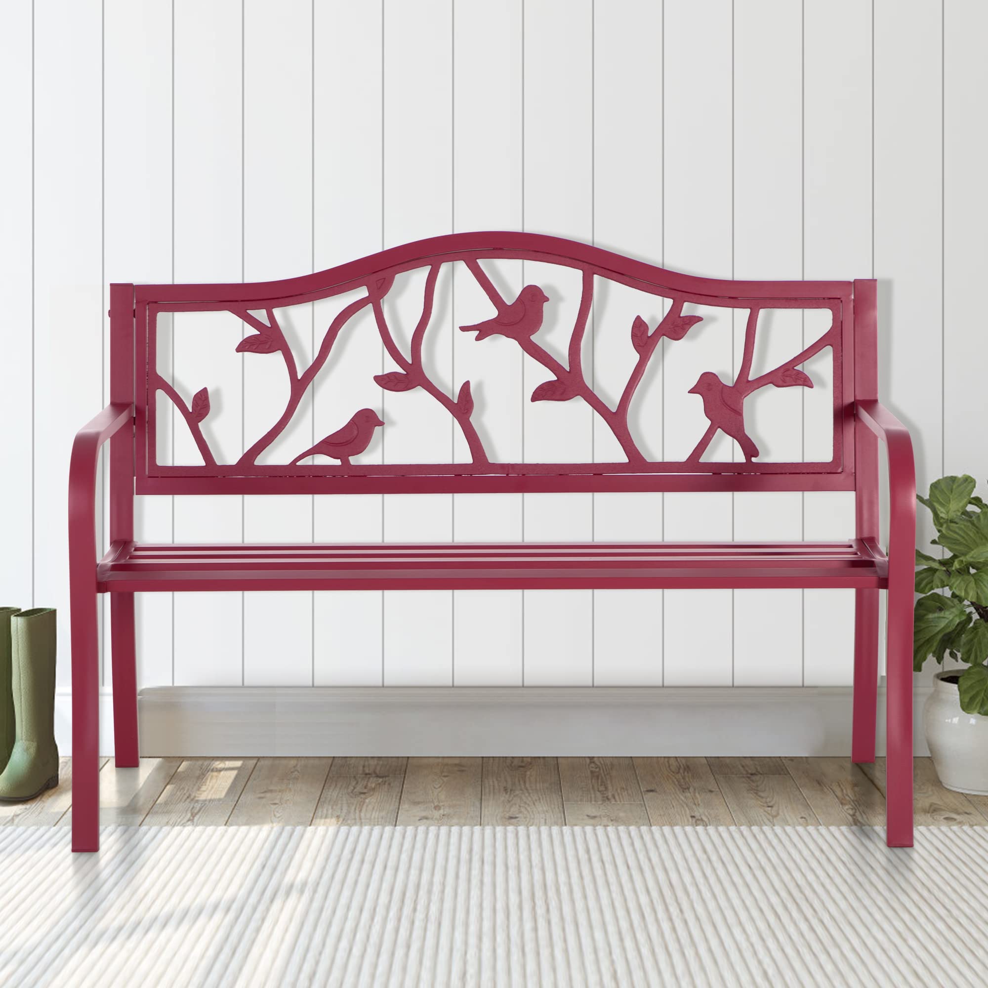 Mfstudio 50' Outdoor Garden Bench,Steel Metal Frame Patio Park Bench With Bird Pattern Backrest For Porch,Backyard,Lawn