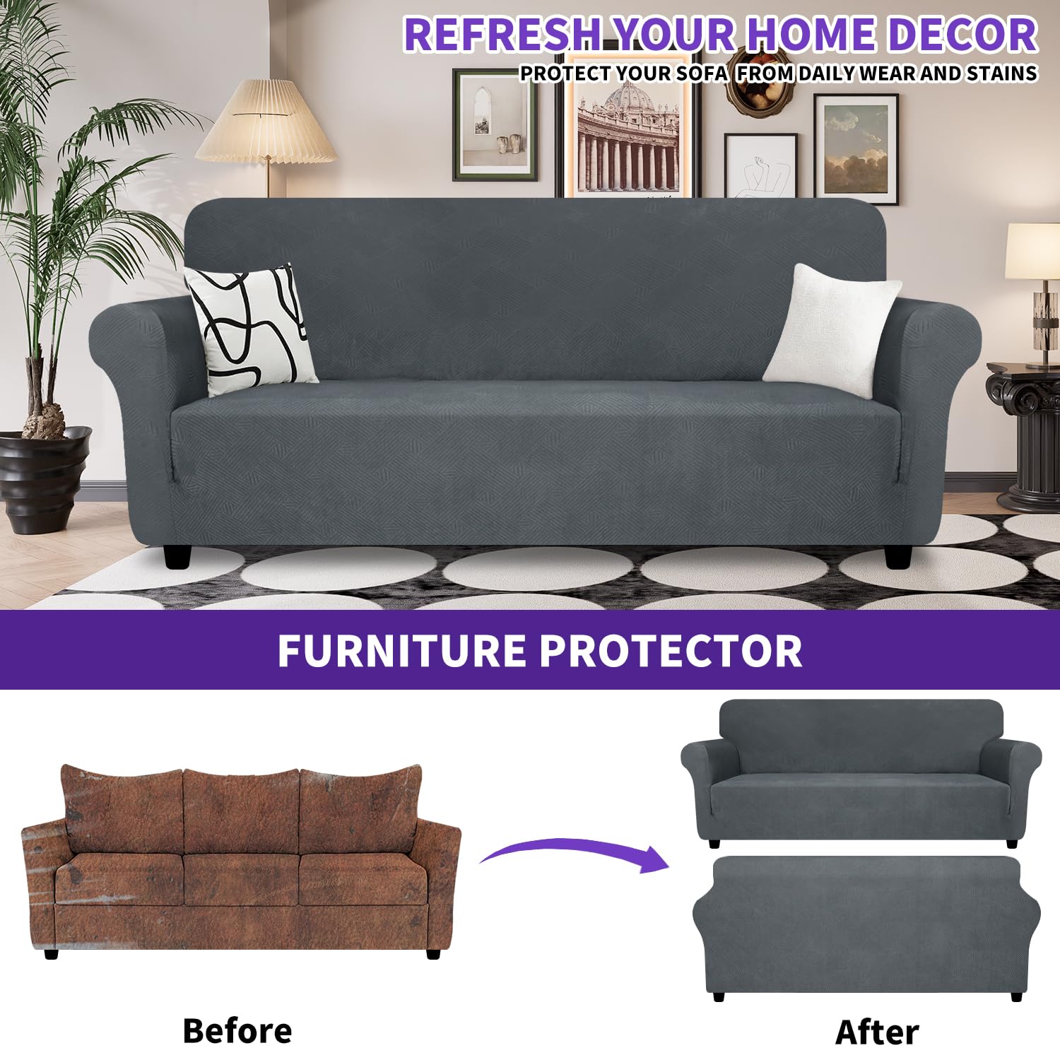 Znsayotx Oversized Super Stretch Couch Cover (91'-110'), New Striped Sofa Covers Comfortable & Durable, Dog Cat Pets Friendly Extra Large Spandex Sofa Slipcovers (Dark Grey, Xl Sofa)