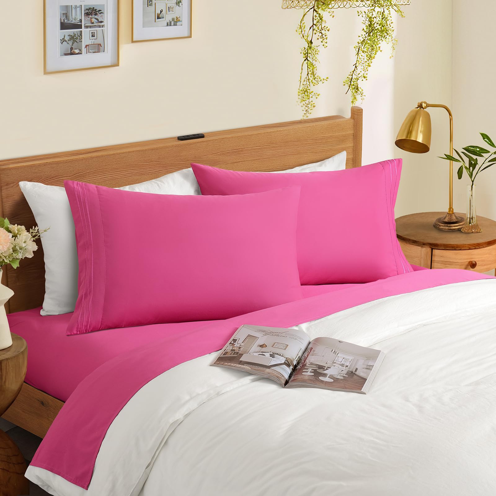 Horbaunal 2 Pack Microfiber Pillowcases Standard Size Hot Pink Bed Pillow Cases With Envelope Closure, 1800 Thread Count Soft &