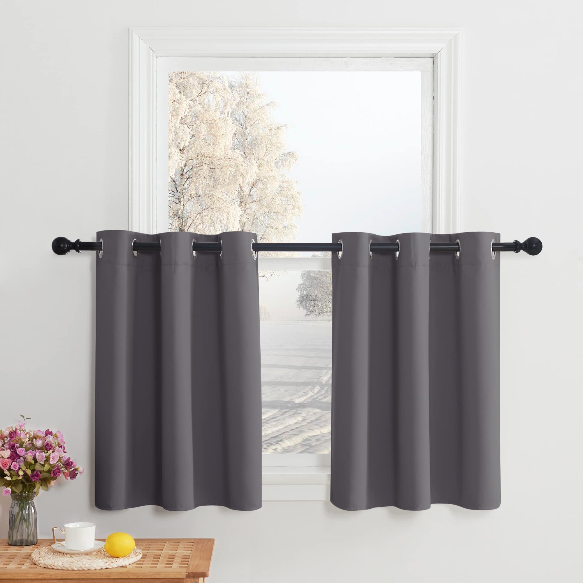 Nicetown Grey Blackout Tiers Kitchen Curtain For Small Window, Thermal Insulated Bathroom Curtains Short Blind For Classroom/Living Room, 42-Inch Wide X 30-Inch Long Each Panel, Grey, Set Of 2