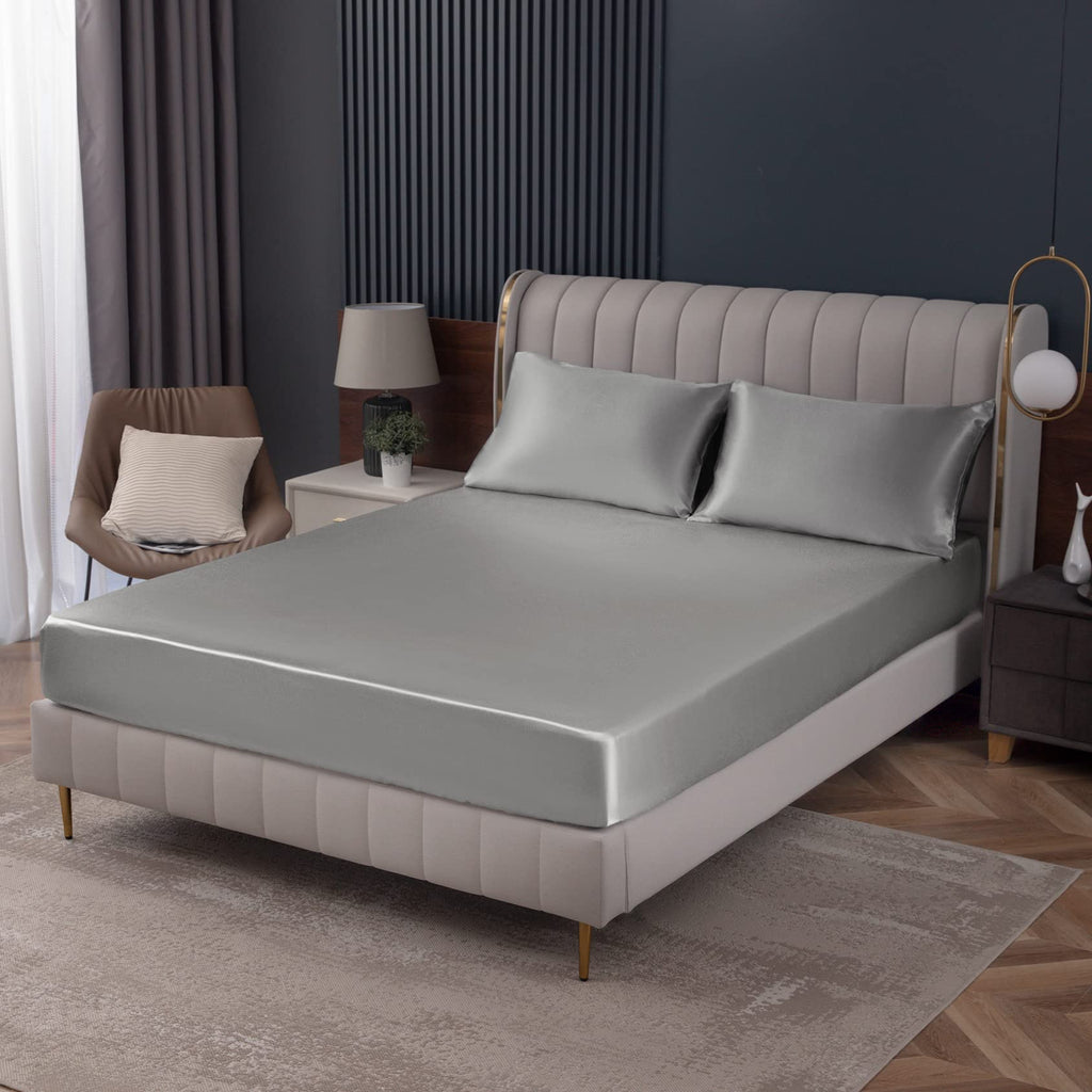 Homiest Light Grey Satin Fitted Sheet Twin Size Fitted Bed Sheet, Deep Pocket Fitted Sheet Only, Luxury & Ultra Soft Bedding Fitted Sheet Single Bottom Bed Sheets Sold Separately