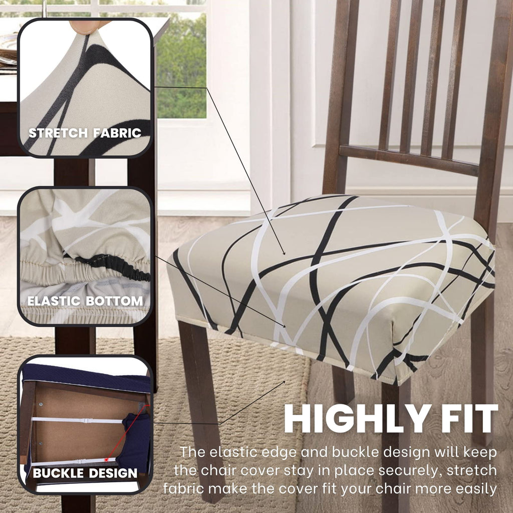 Searchi Stretch Dining Chair Seat Covers Set Of 6, Soft Removable Washable Seat Covers For Dining Chairs, Dining Room Seat Cover Slipcover Protector (Rear-Covered, Beige Stripe)