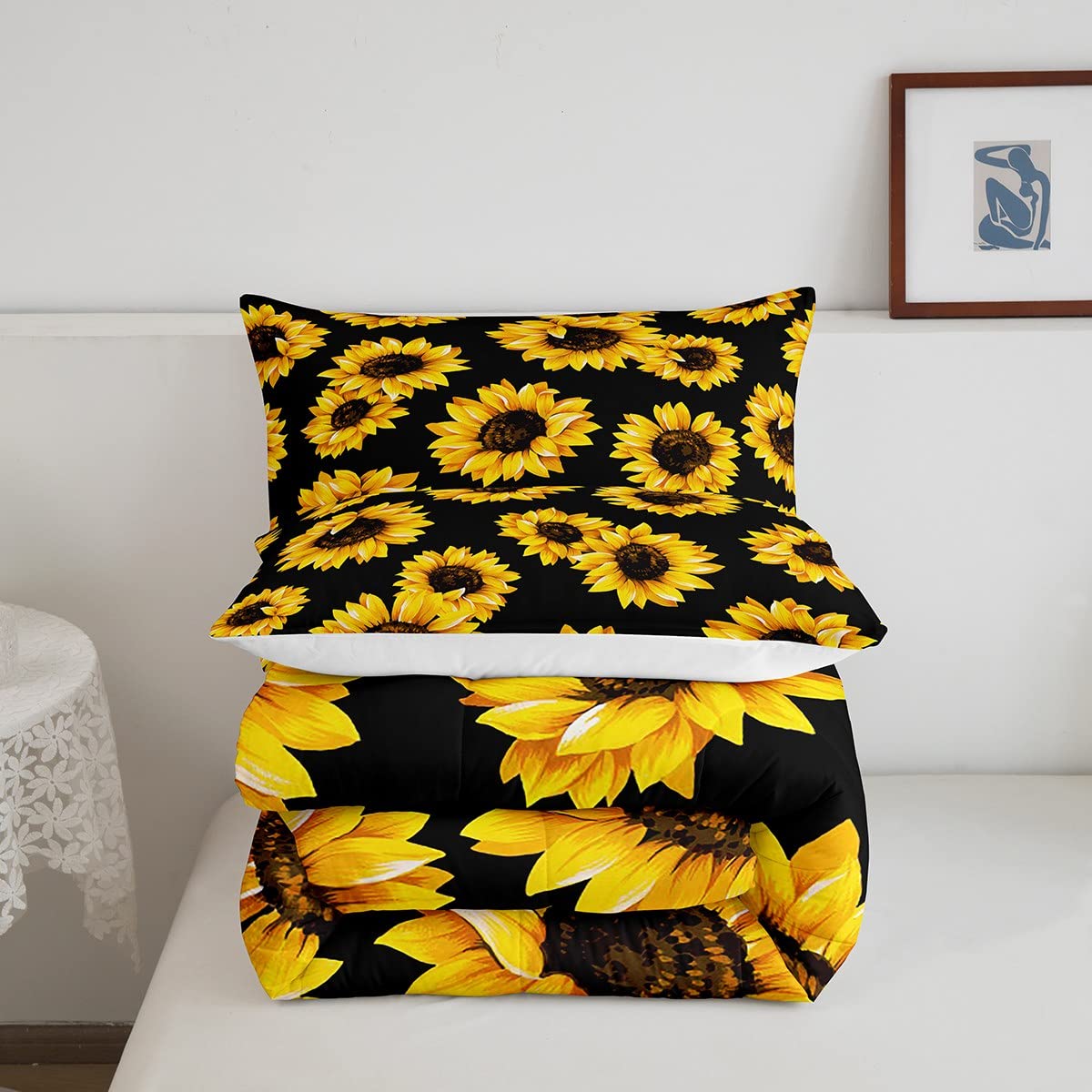 Erosebridal Yellow Sunflowers Bedding Black Yellow Comforter Set Gold Yellow Sunflowers Printed Luxury Black Boys Girls Bedding