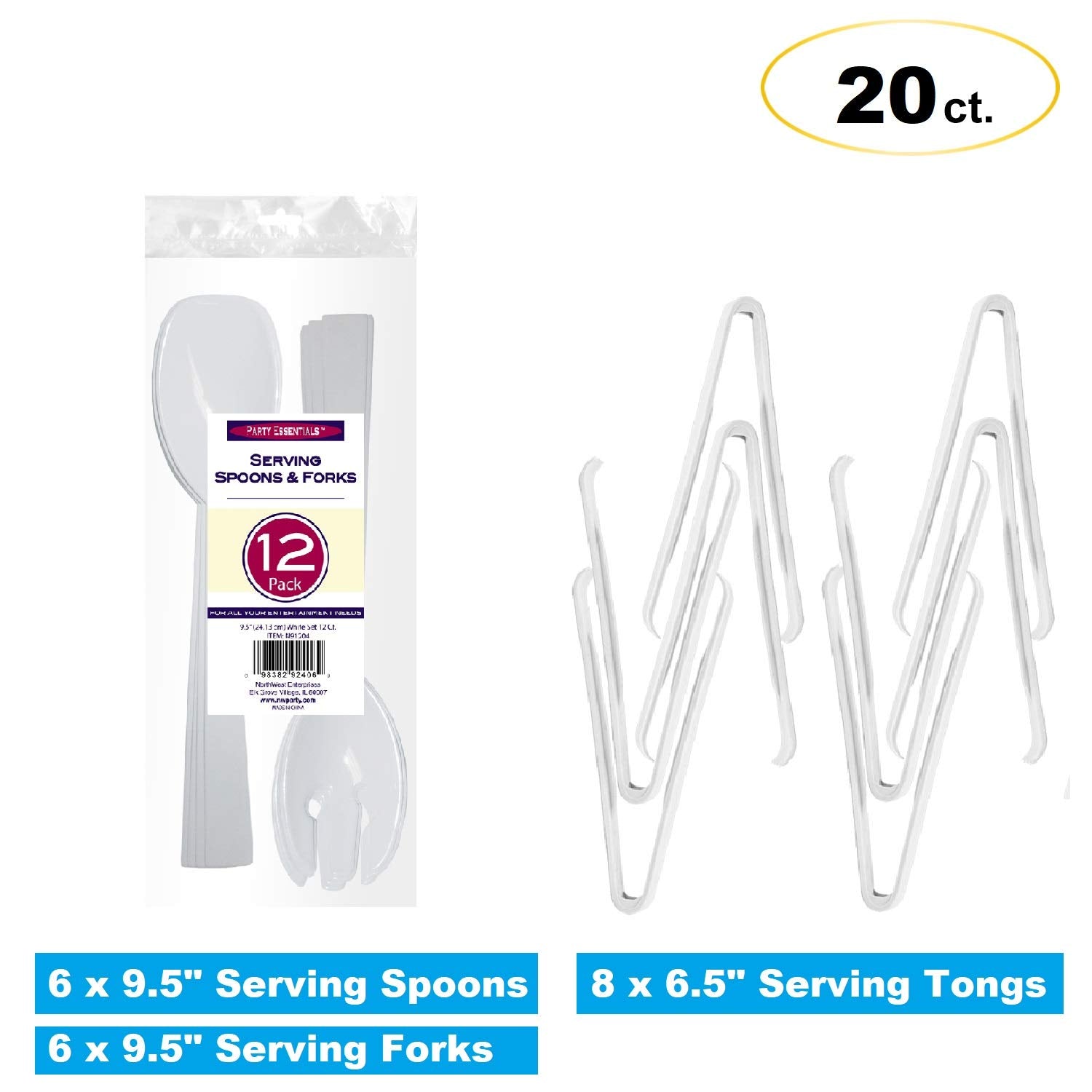 Party Essentials Plastic Party Buffet Serving Utensils Kit, Spoons/Forks/Tong, 20-Piece, White