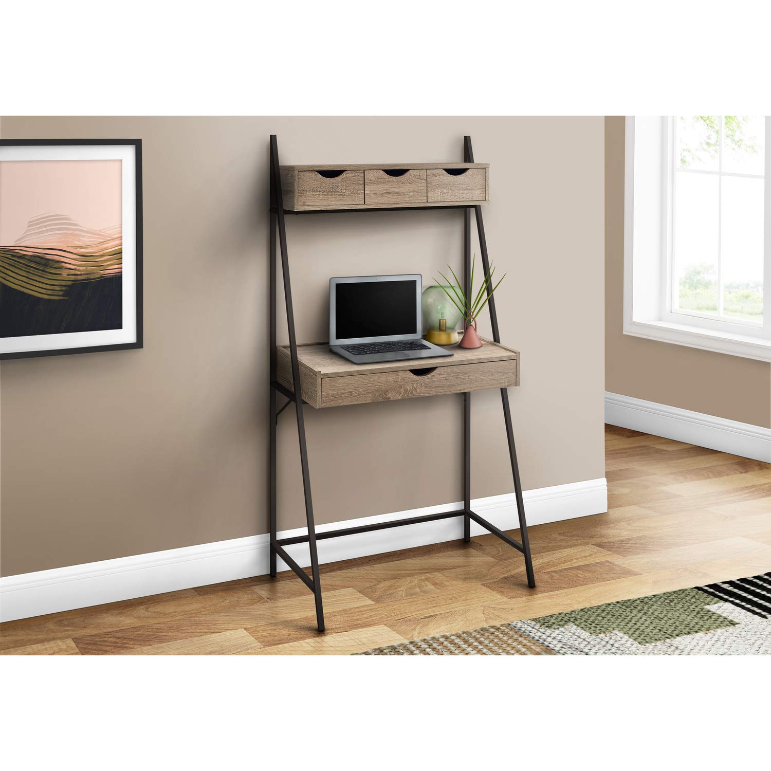 Monarch Specialties I 7332 Computer Desk, Home Office, Laptop, Leaning, Storage Drawers, 32' L, Work, Metal, Laminate, Brown, Black, Contemporary, Modern