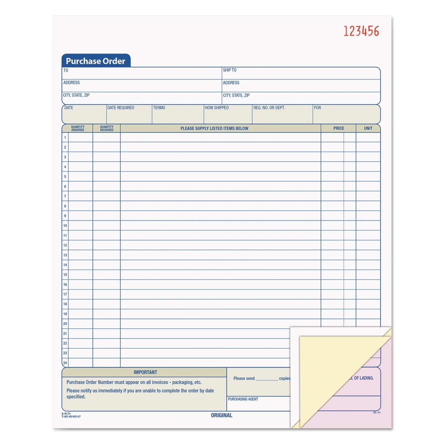 Tops Purchase Order Book, 3-Part, Carbonless, 8-3/8 X 10-3/16 Inches, 50 Sets Per Book (46147)