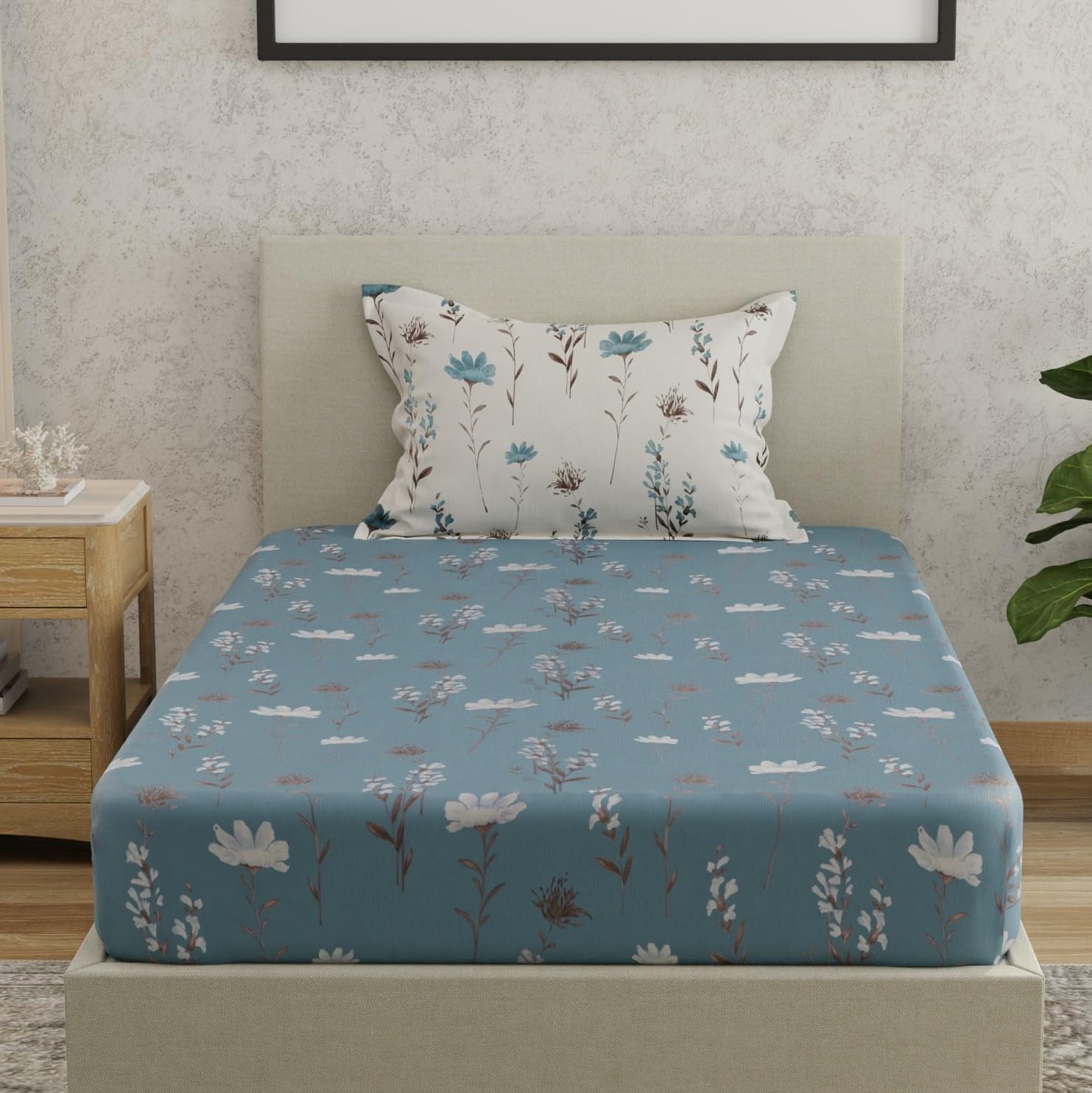 Huesland By Ahmedabad Cotton 144 Tc Bedsheet For Single Bed With 1 Pillow Cover | Blue, White