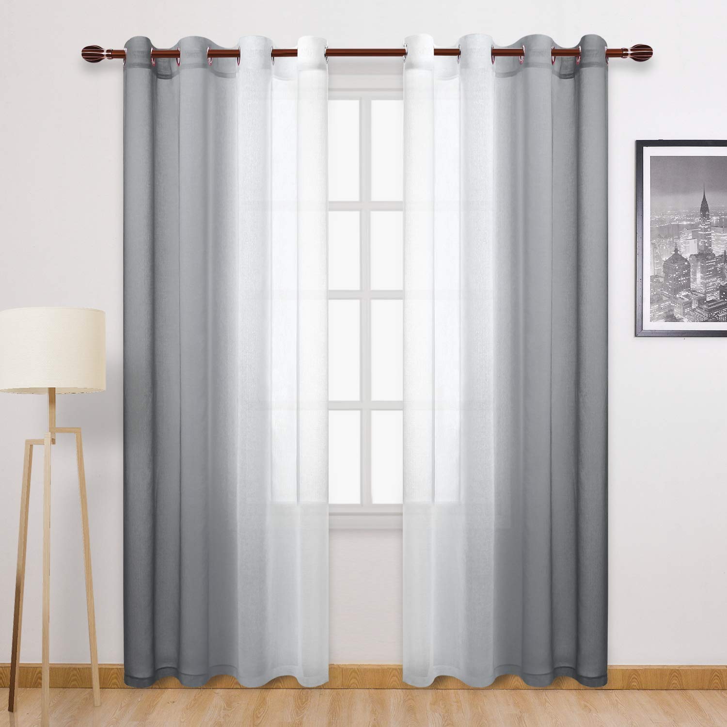 Dwcn Ombre Grey Faux Linen Sheer Curtains - Semi Voile Gradient Grommet Top Curtains For Bedroom And Living Room, 52 X 108 Inche