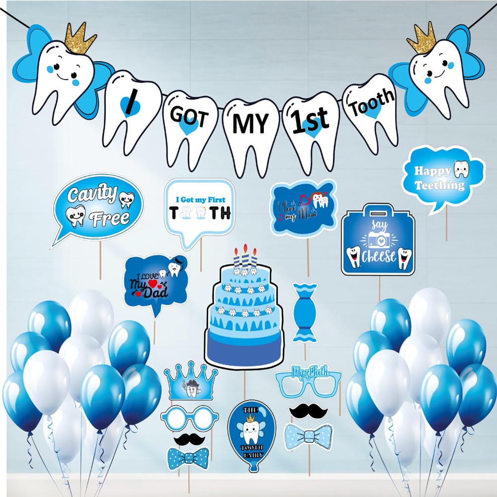 Xzotic 42Pc First Tooth Celebration Decor Set (Blue)  Adorable Baby Boy Banner, Tooth Milestone Props, Balloons & First Tooth 