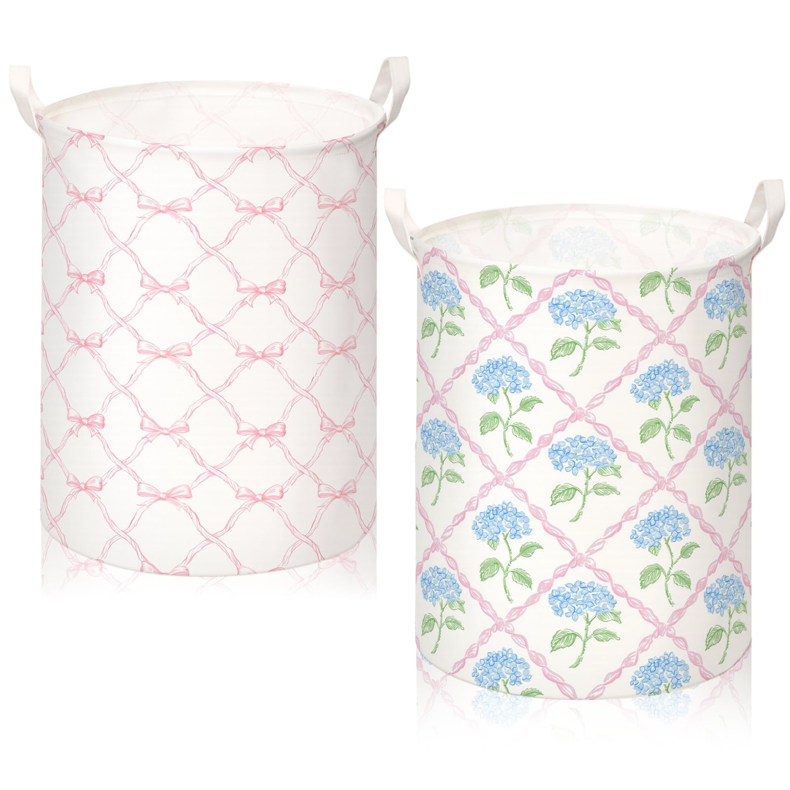 CroBlissful Blue Hydrangea Laundry Basket Bow Coquette Storage Basket for Girls Nursery Hamper with Handles Foldable Waterproof 