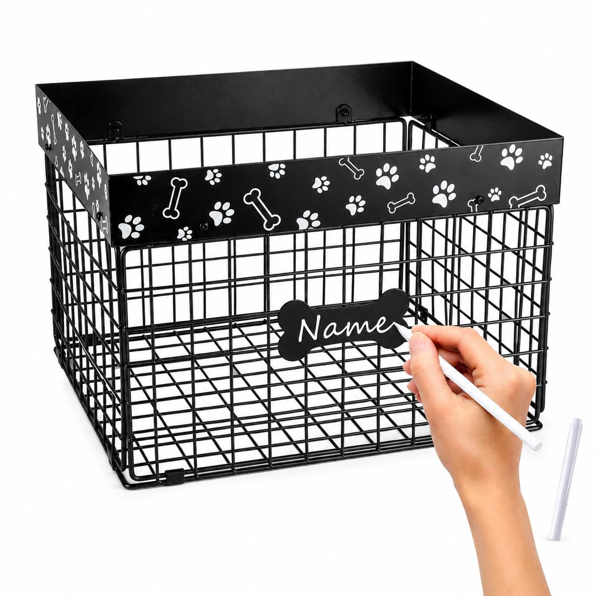 Metal Dog Toy Basket for Living Room, Foldable Dog Toy Storage Bin with Personalized Bone Label, Chew Resistant Pet Toy Organize