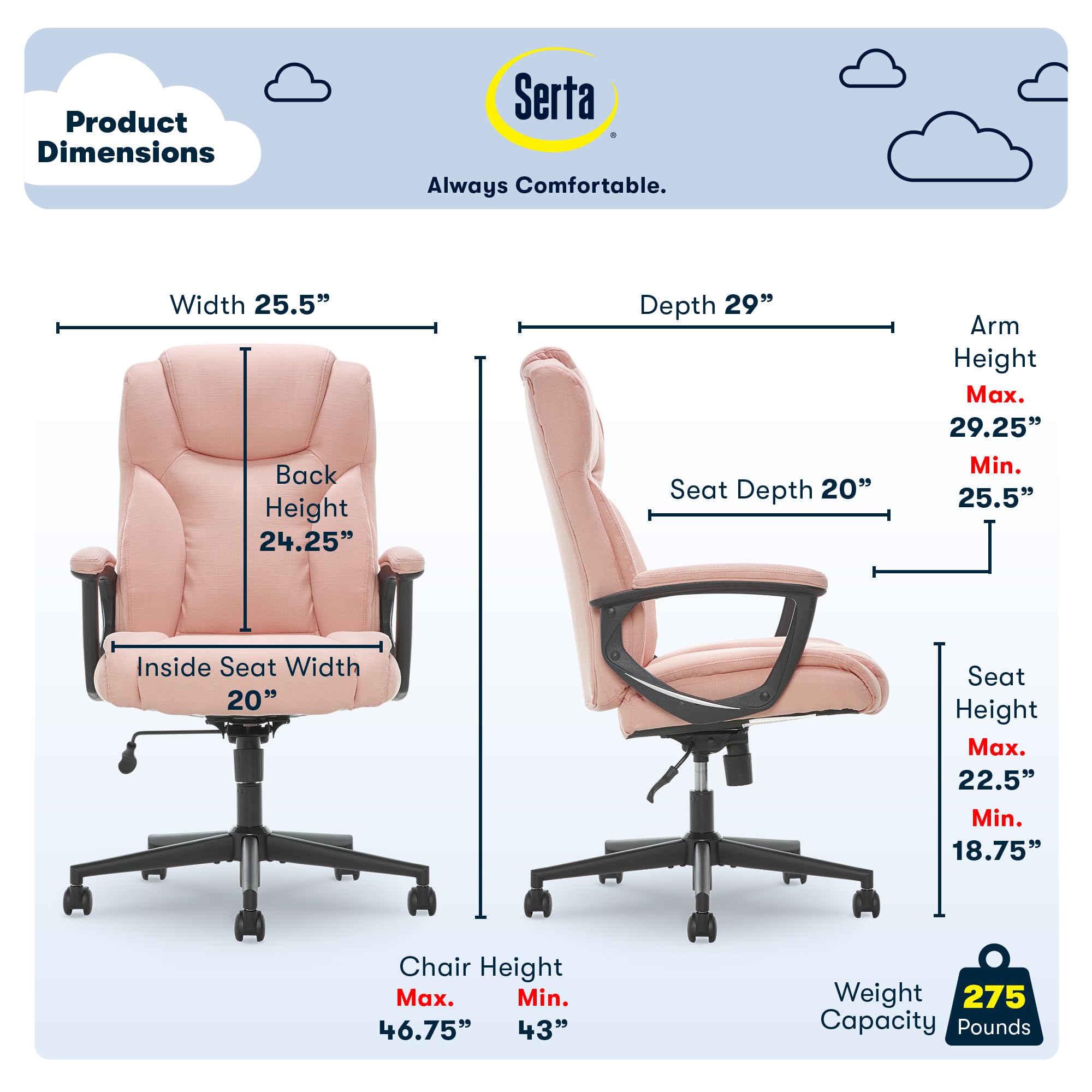 Serta Executive High Back Office Chair With Lumbar Support Ergonomic Upholstered Swivel Gaming Friendly Design, Microfiber, Pink