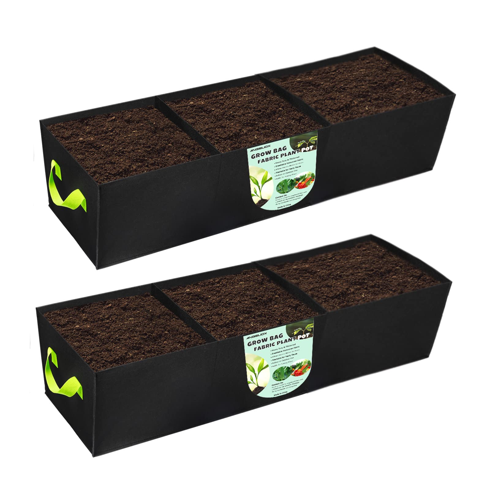 Angeliox 2Pcs Grow Bags, 3-Grids Rectangle Grow Bag,14 Gallon Thickened 400G Fabric Garden Bed, Nonwoven Square Flower Planter C