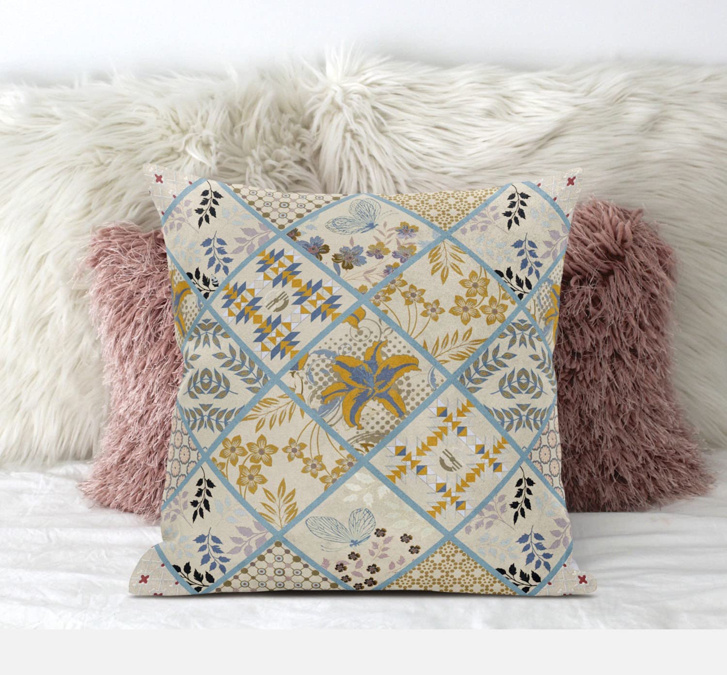 HomeRoots Gold Red White 16â€ Gold Cream Patch Suede Zippered Throw Pillow